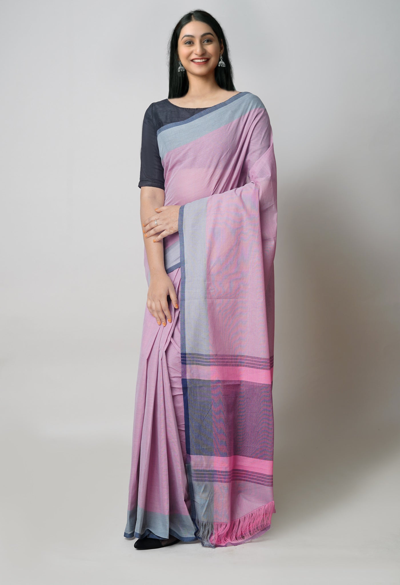 Peach Pink-Grey Pure Double Shade Plain Mangalagiri Cotton Saree