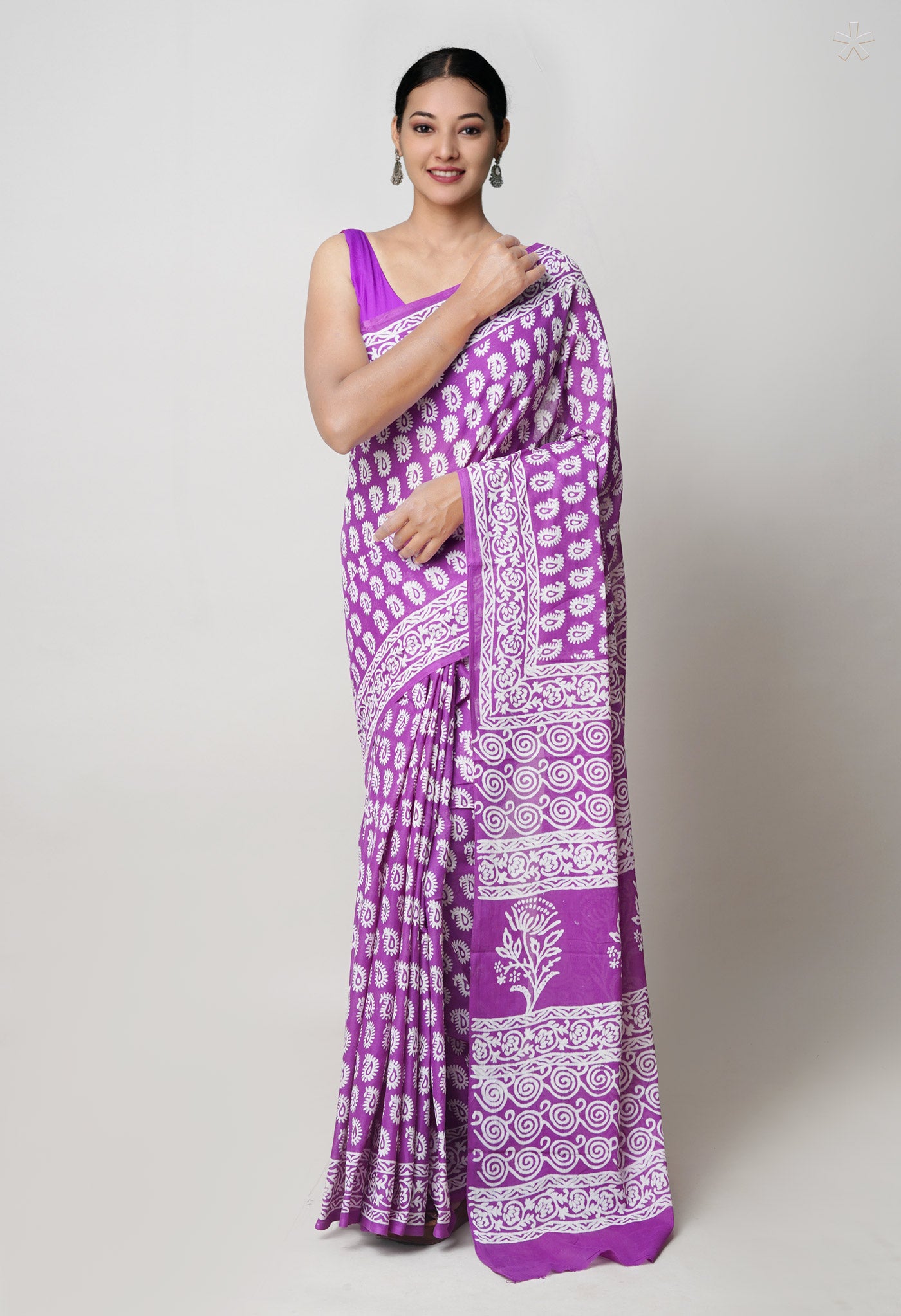 Purple Pure Hand Block Printed Soft Cotton Saree