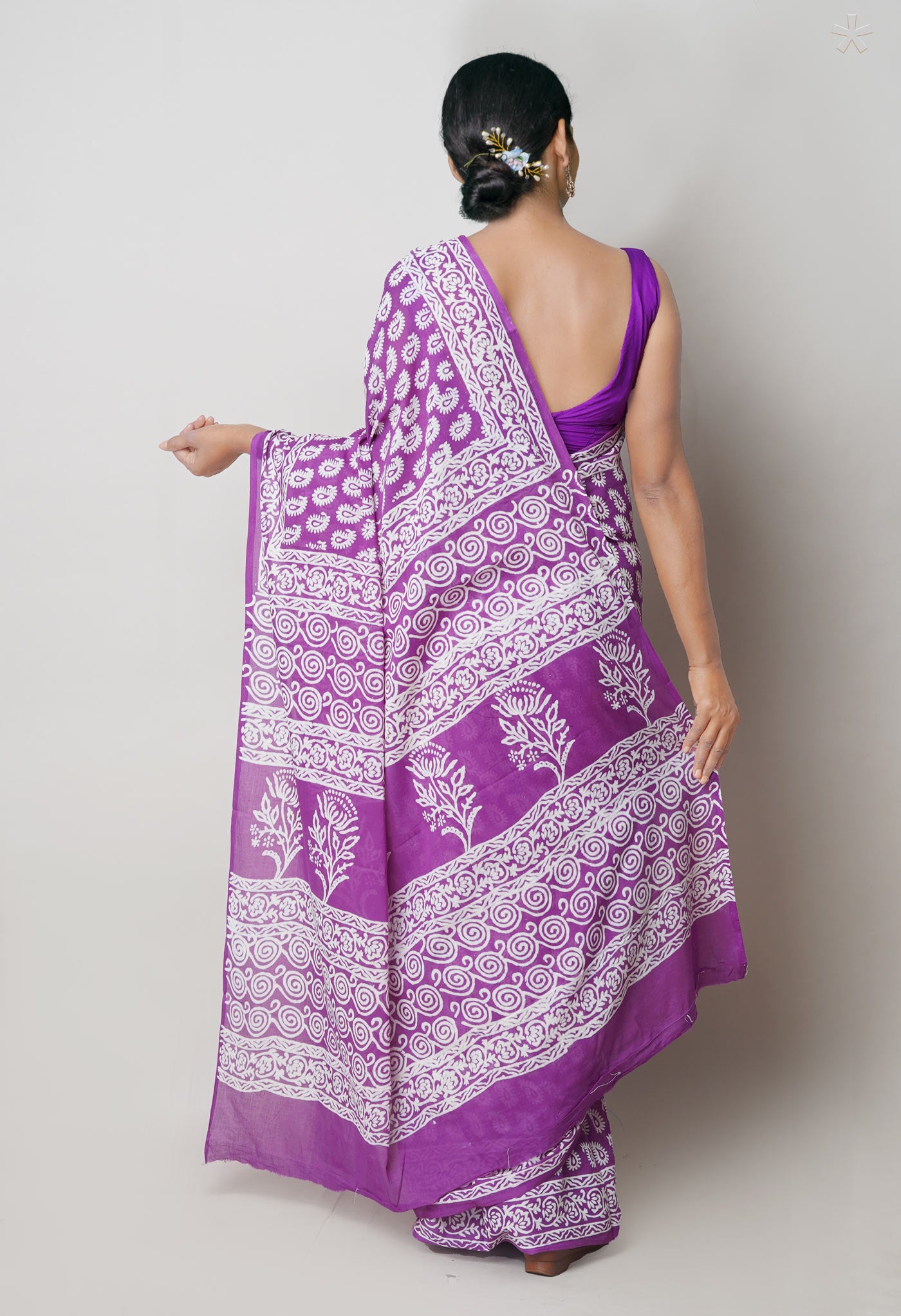 Purple Pure Hand Block Printed Soft Cotton Saree