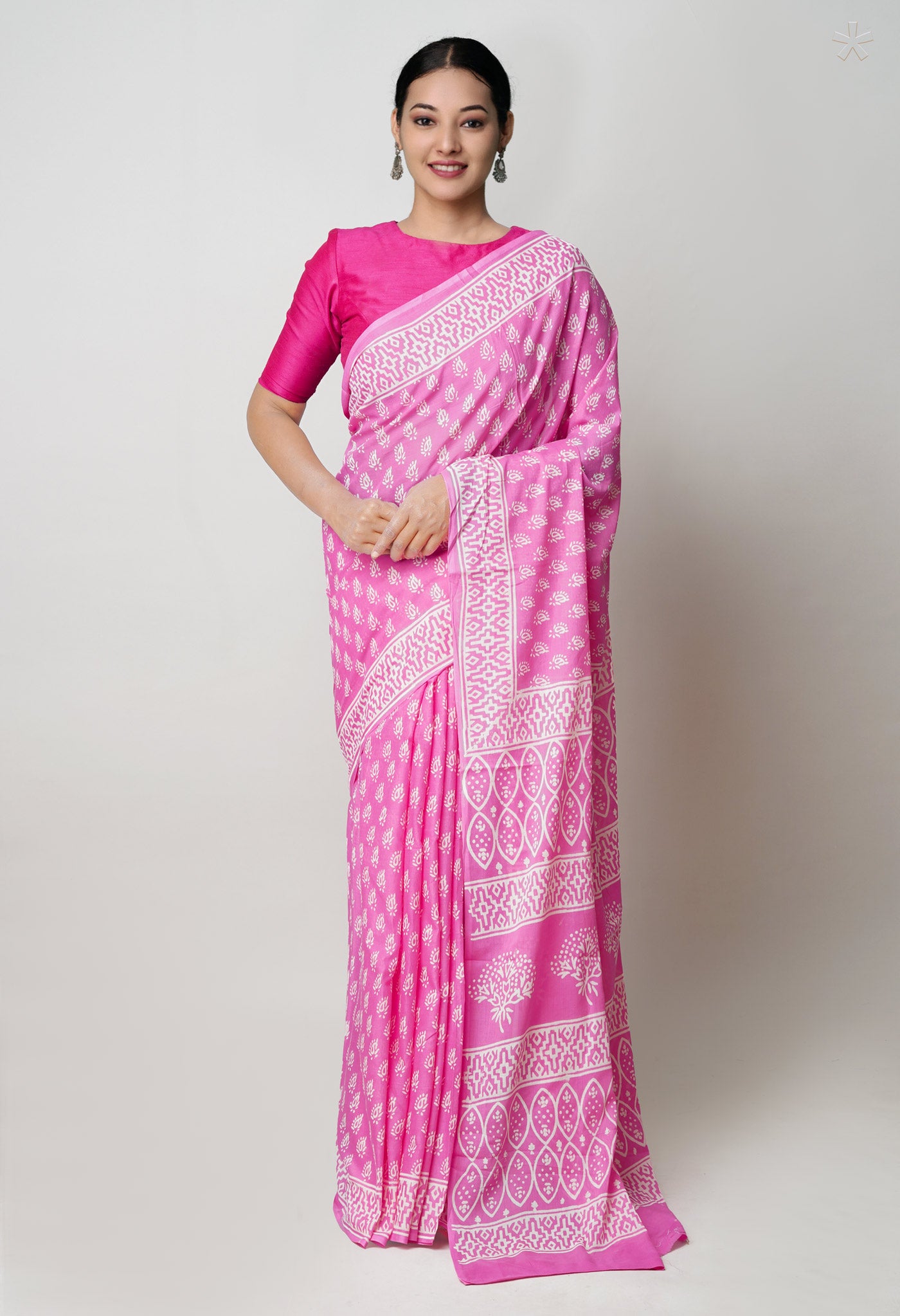 Pink Pure Hand Block Printed Discharge Soft Cotton Saree