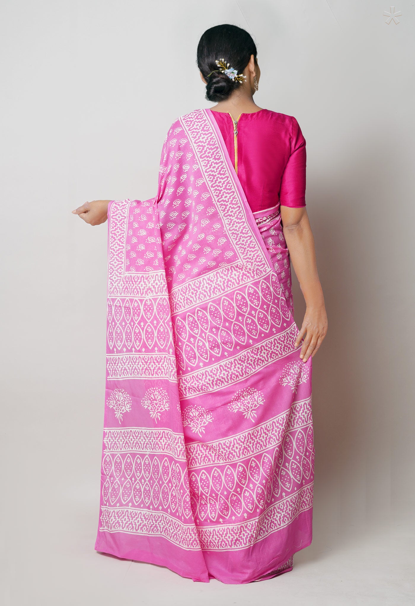 Pink Pure Hand Block Printed Discharge Soft Cotton Saree