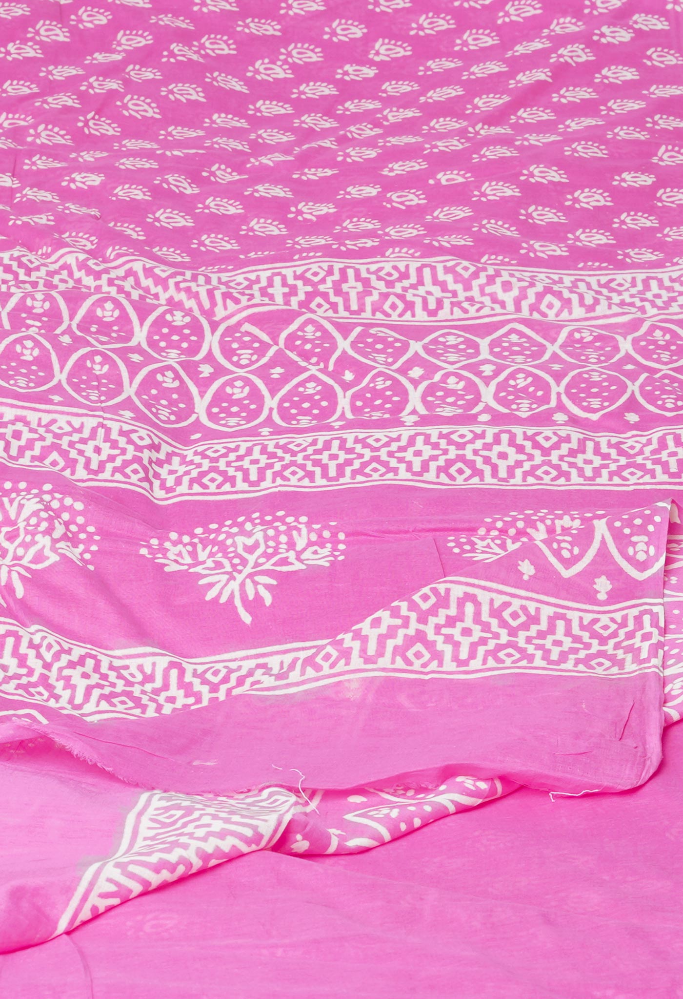 Pink Pure Hand Block Printed Discharge Soft Cotton Saree