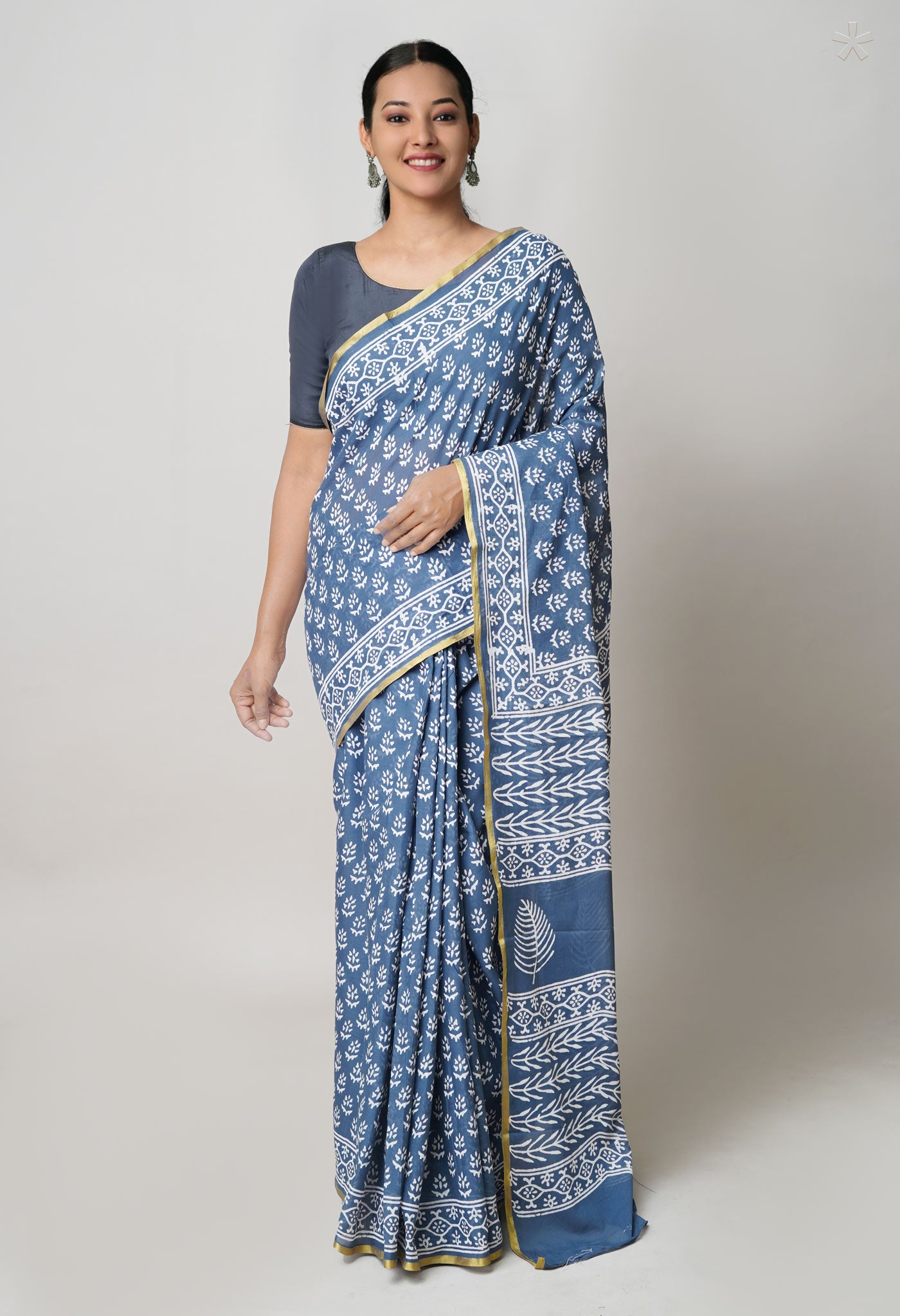 Grey Pure Hand Block Printed Soft Cotton Saree