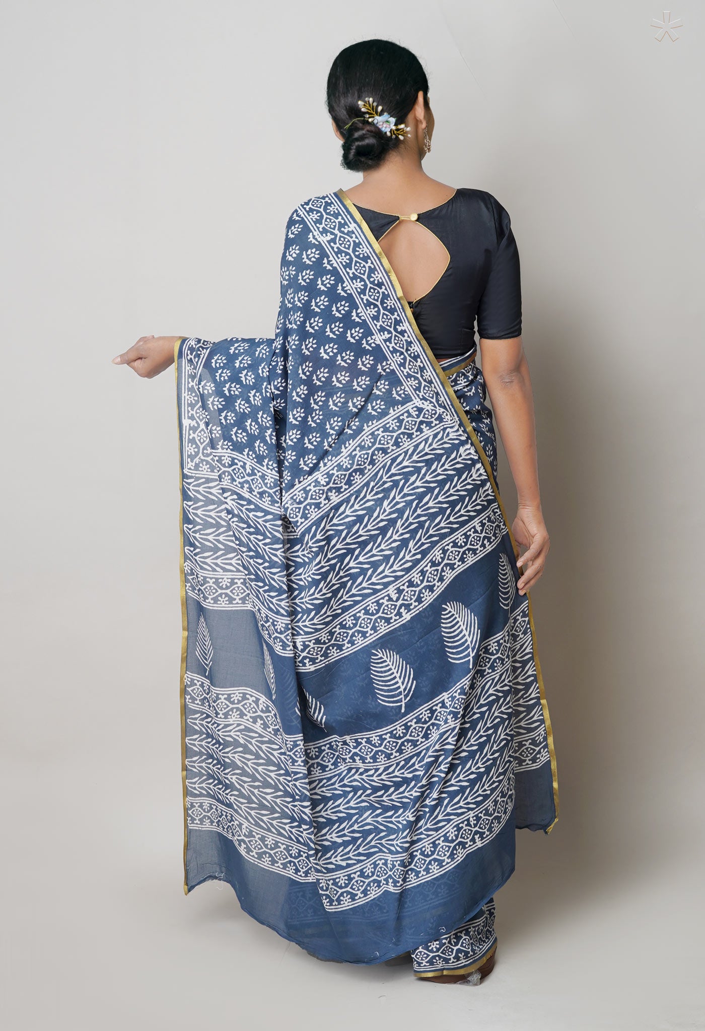 Grey Pure Hand Block Printed Soft Cotton Saree