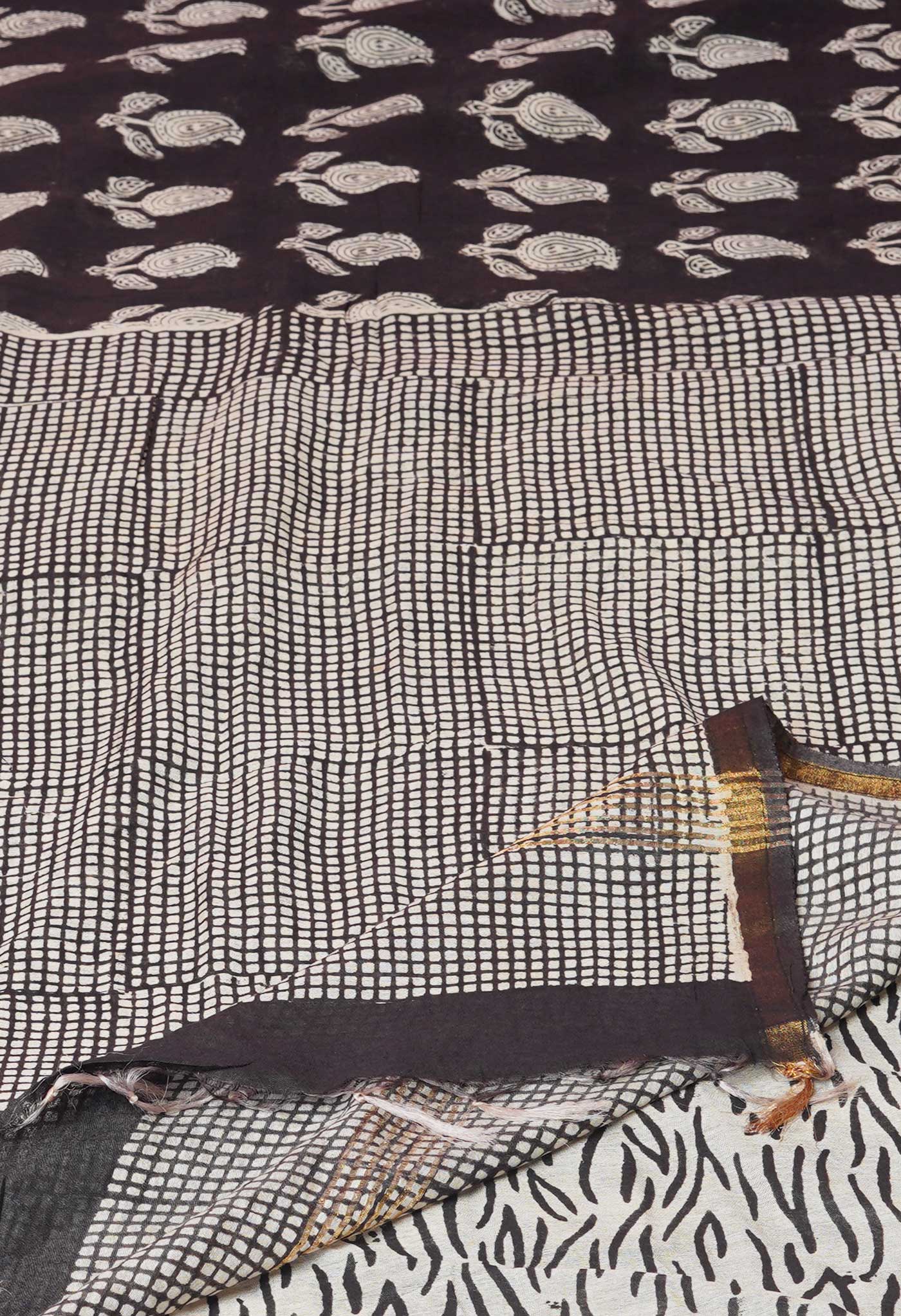 Black Pashmina Hand Block Bagru Printed Cotton Saree