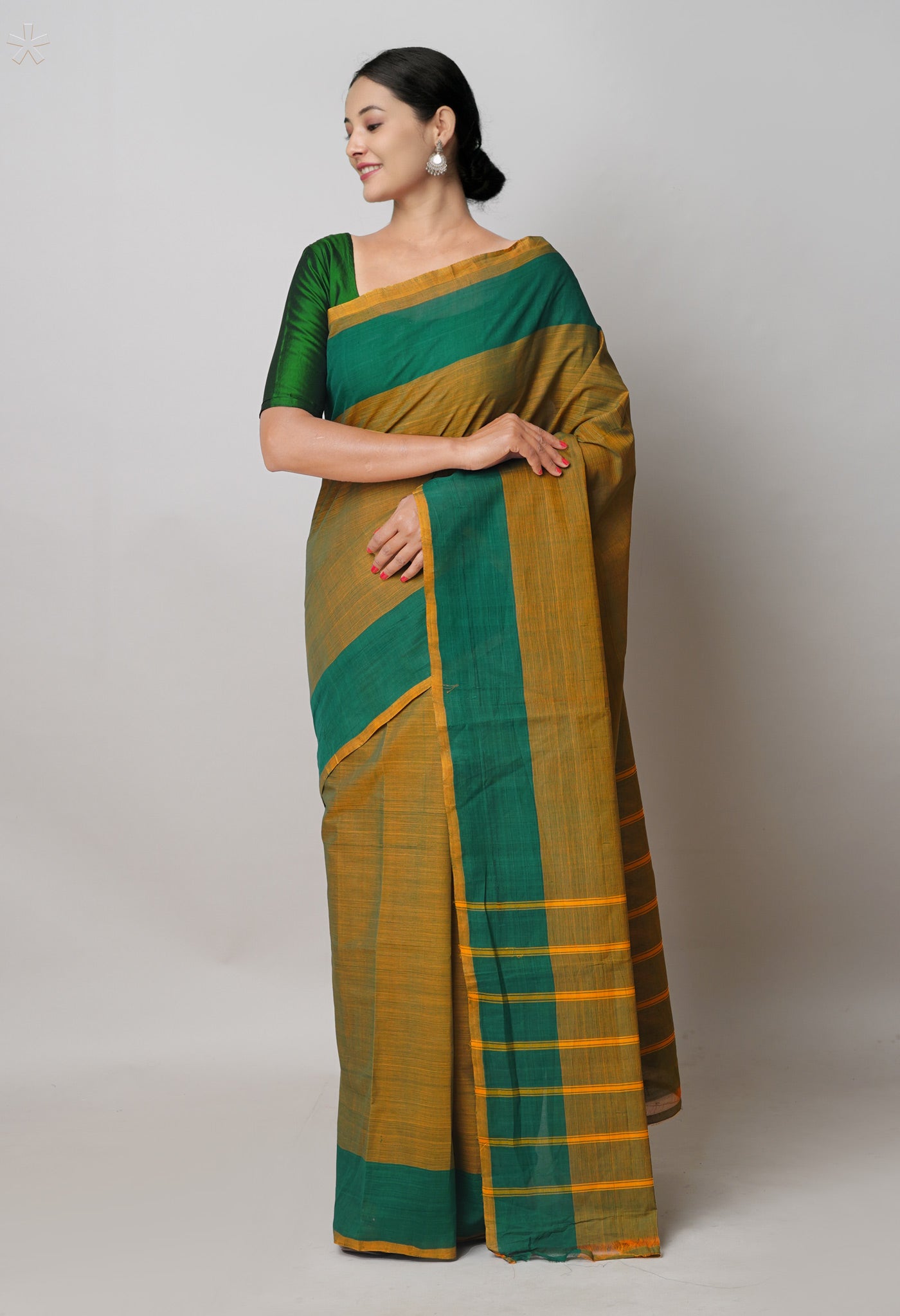 Orange-Green Pure Andhra Handloom Cotton Saree