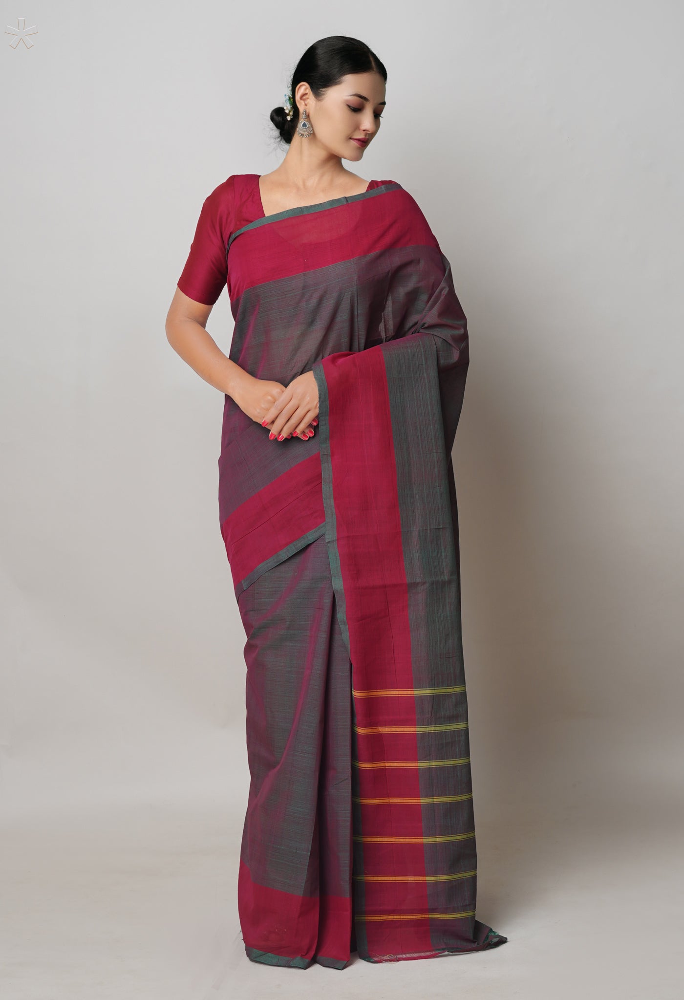 Green -Maroon Pure Andhra Handloom Cotton Saree