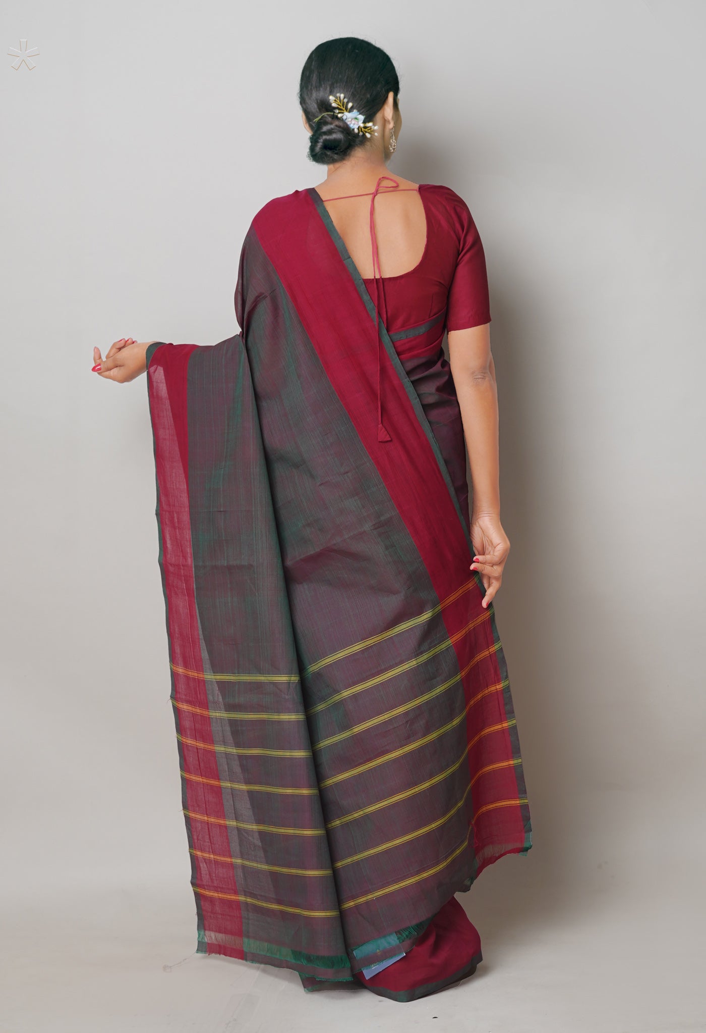 Green -Maroon Pure Andhra Handloom Cotton Saree