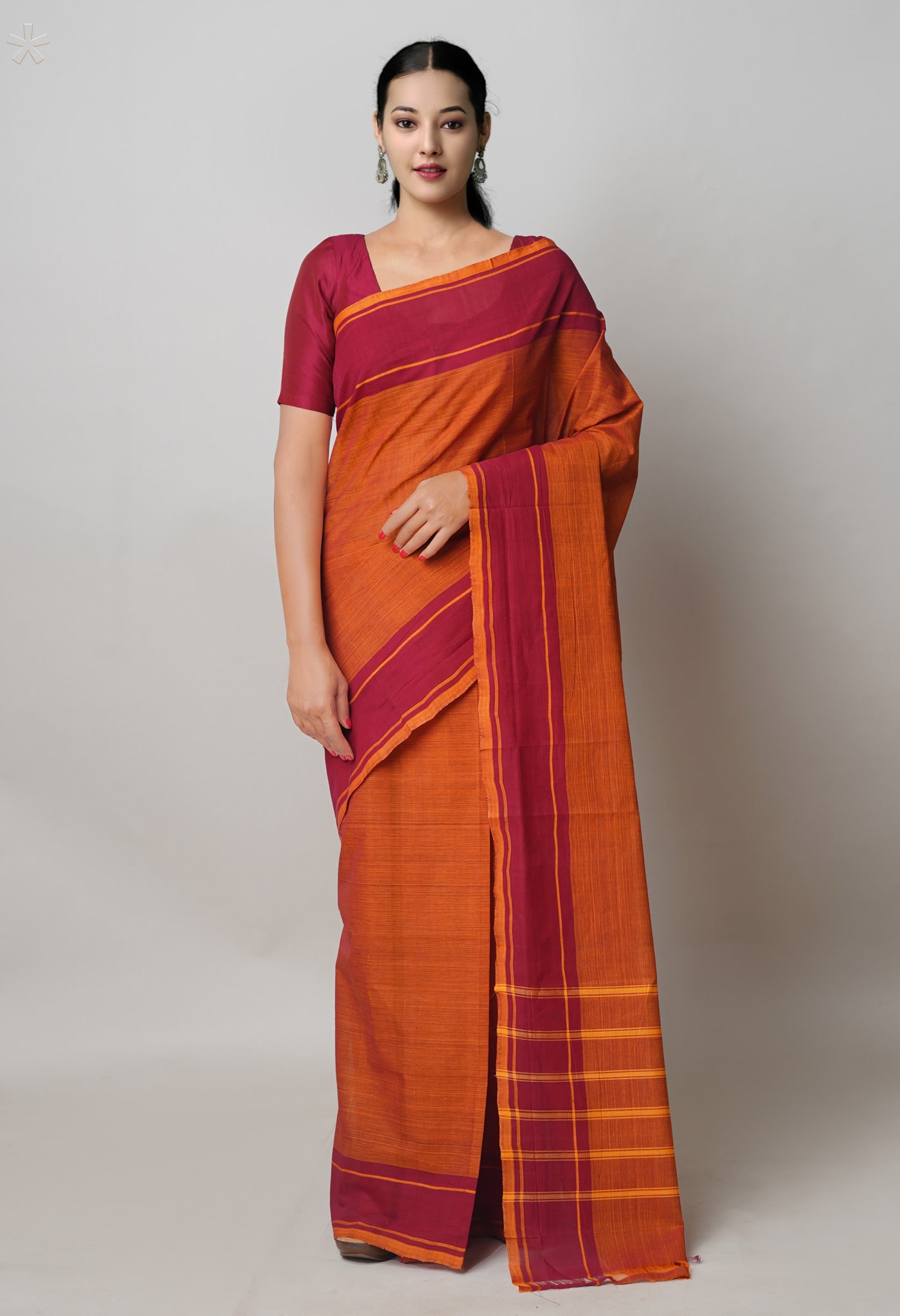 Orange-Maroon Pure Andhra Handloom Cotton Saree