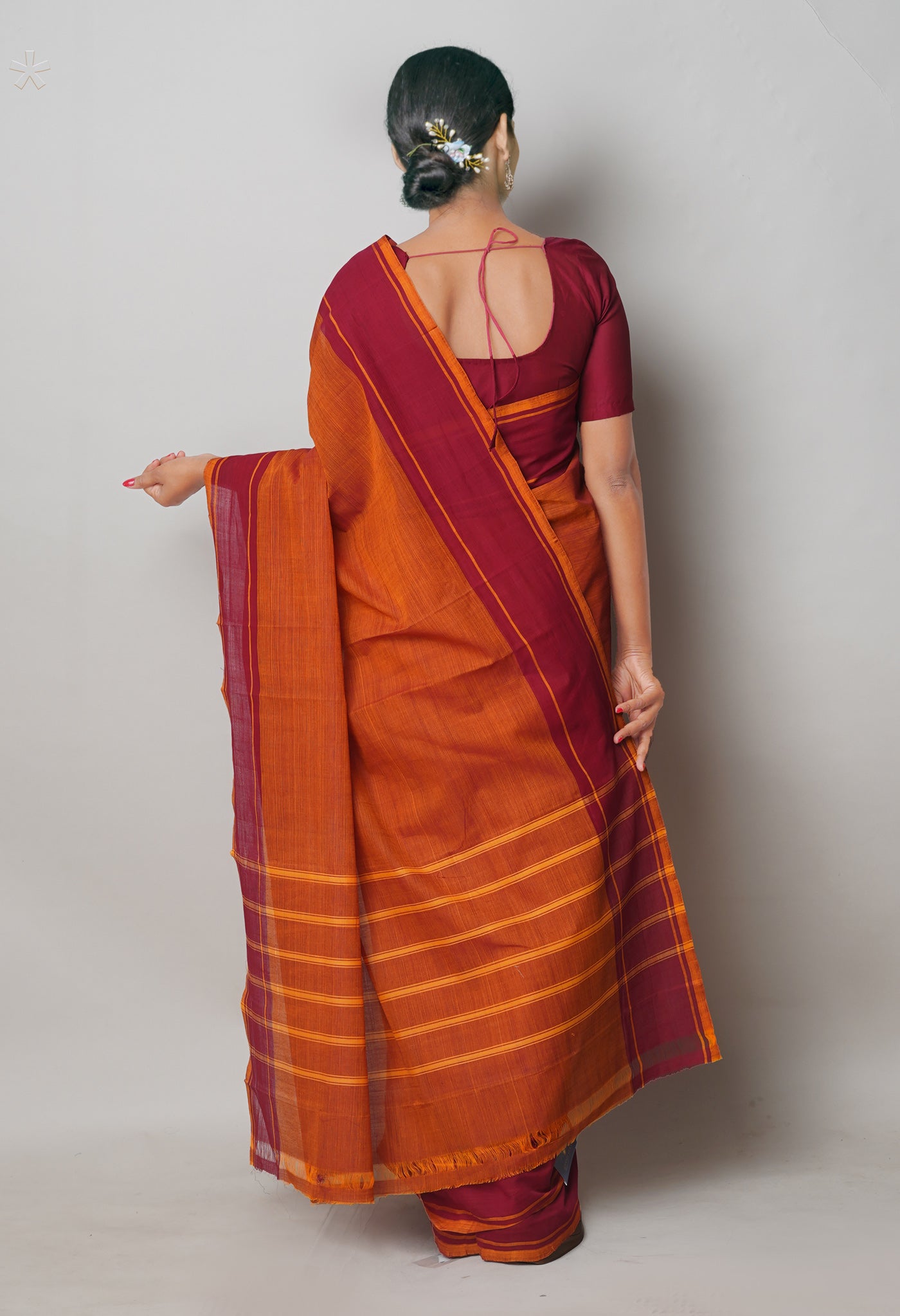 Orange-Maroon Pure Andhra Handloom Cotton Saree