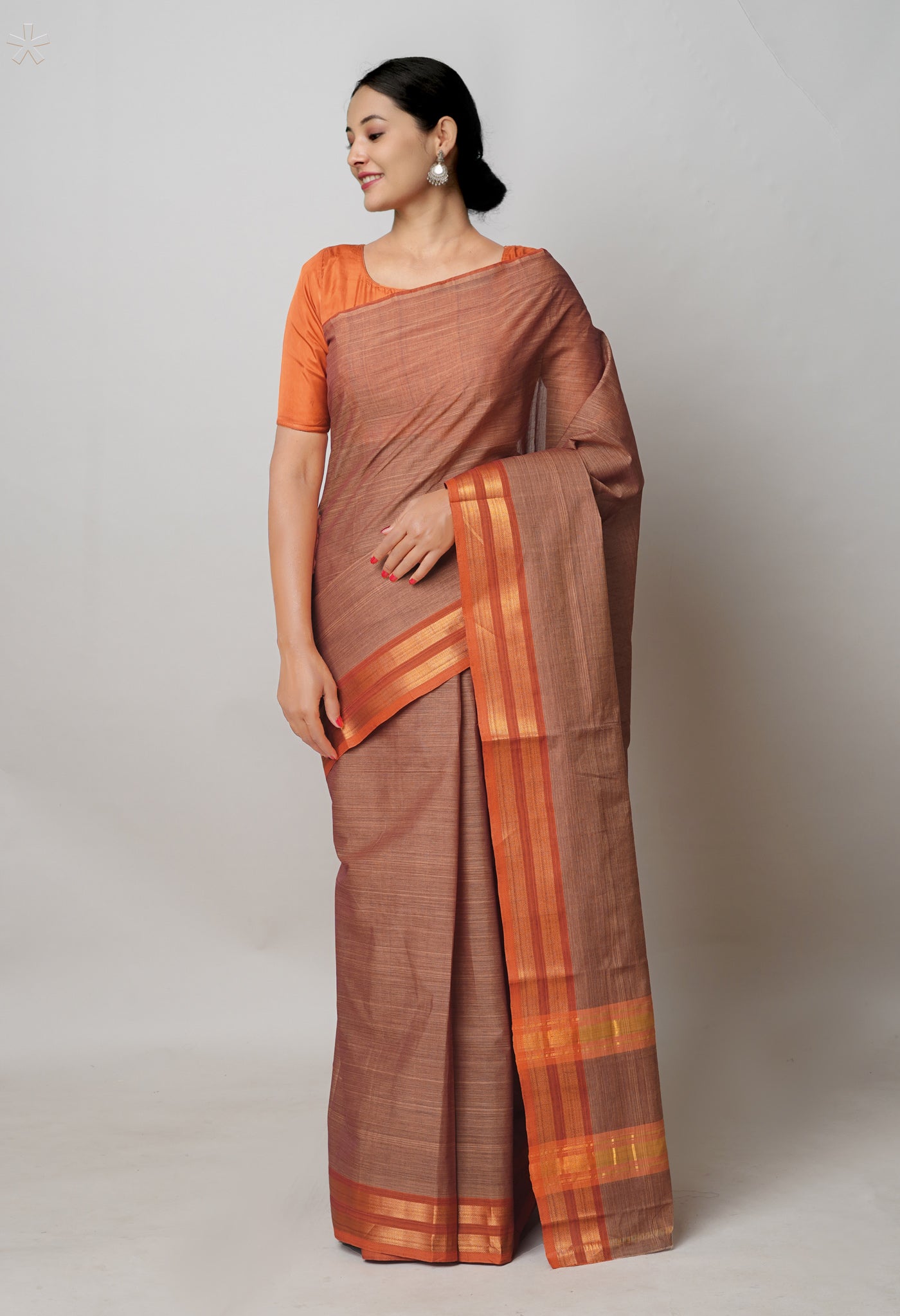 Cream-Orange Pure Andhra Handloom Cotton Saree
