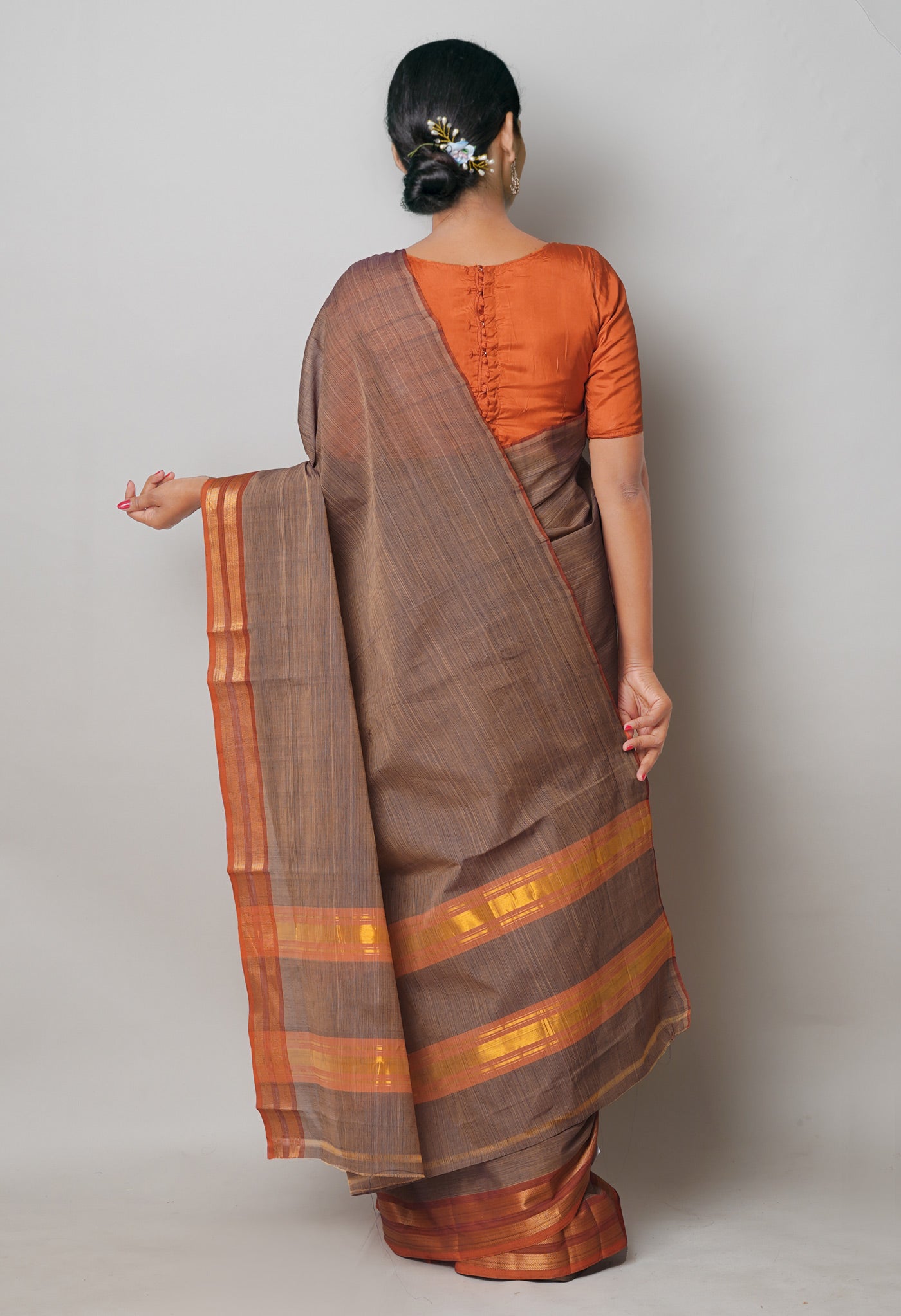 Cream-Orange Pure Andhra Handloom Cotton Saree