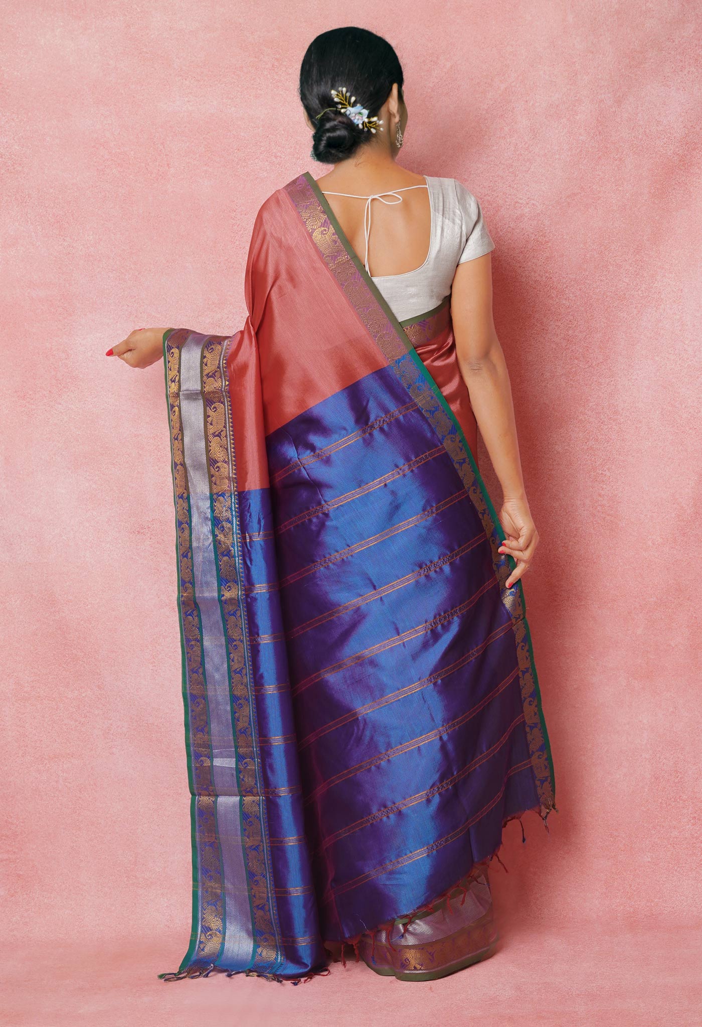 Peach Red Pure Handloom Narayanpet Silk Saree-UNM74393