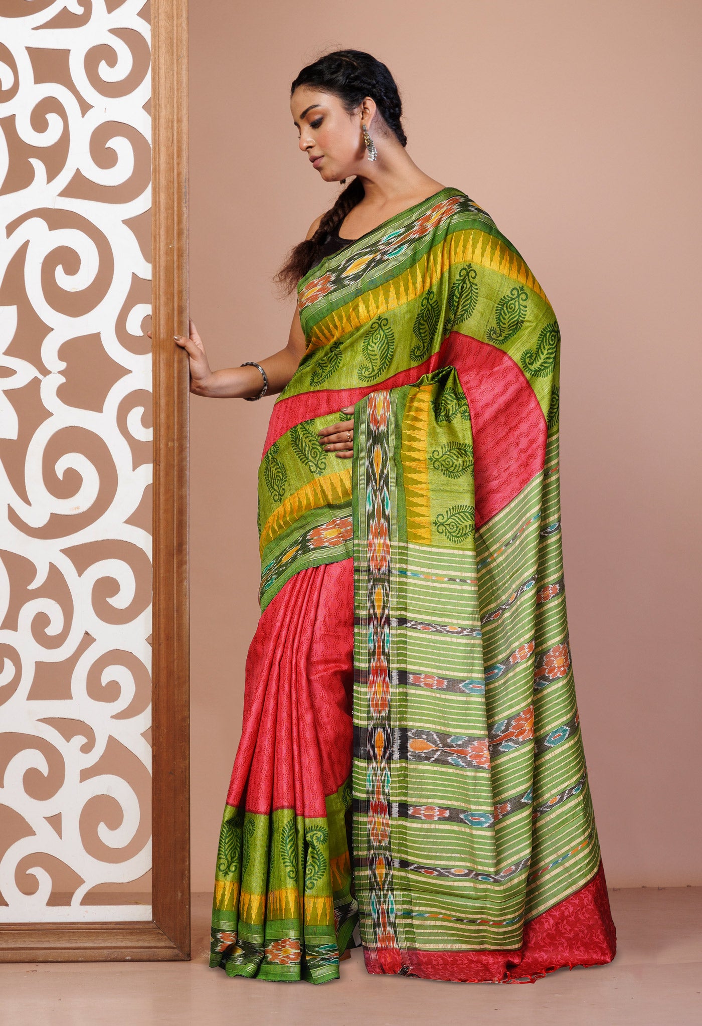 Red Pure Handloom Hand Block Printed Vidarbha Tussar Silk Saree-UNM74520