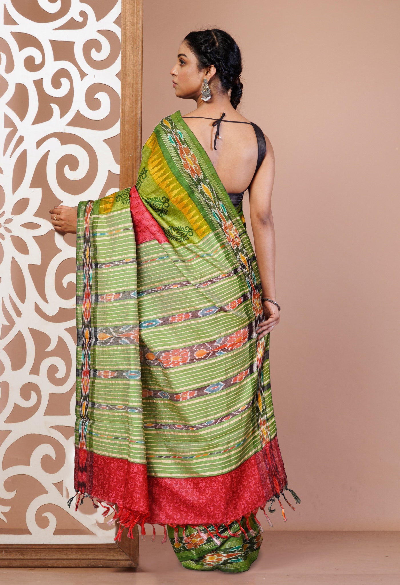Red Pure Handloom Hand Block Printed Vidarbha Tussar Silk Saree-UNM74520
