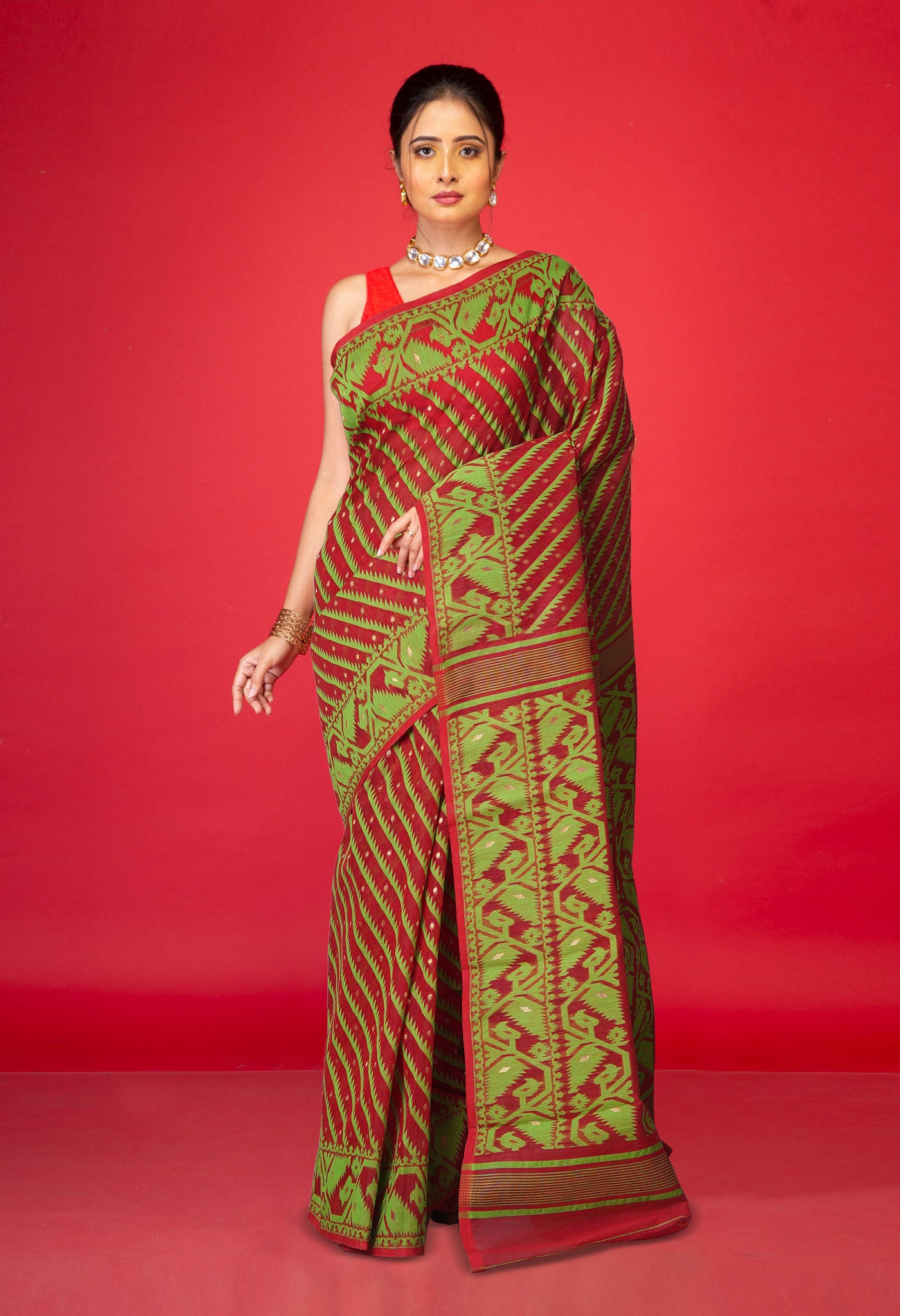 Red Pure Jamdhani Bengal Cotton Saree-UNM75203