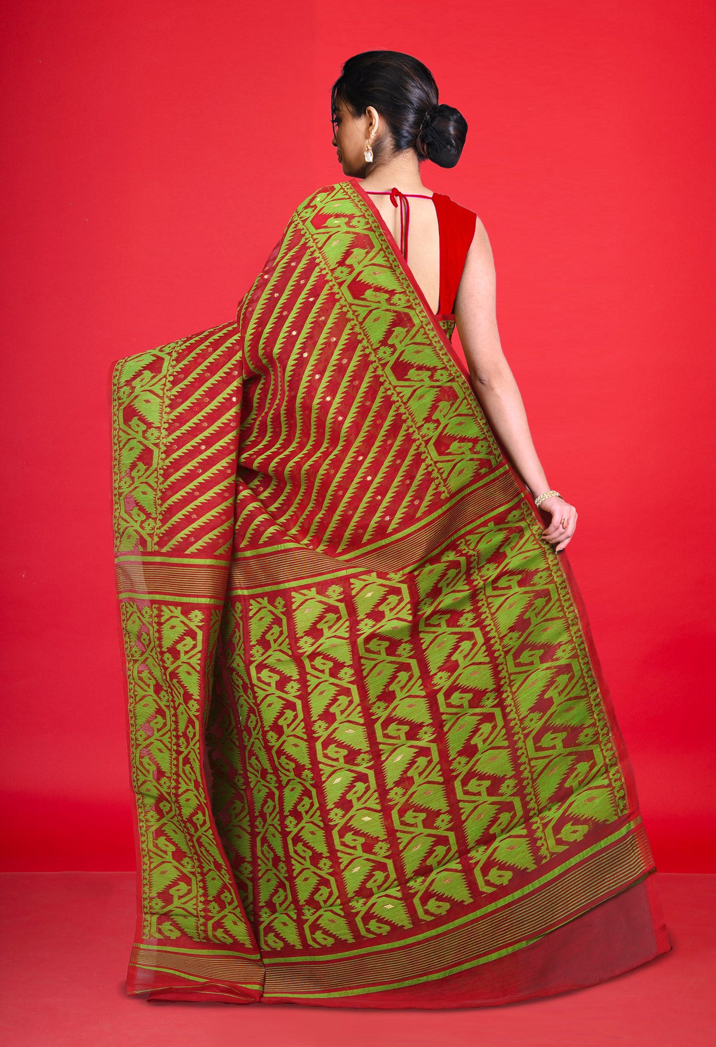 Red Pure Jamdhani Bengal Cotton Saree-UNM75203
