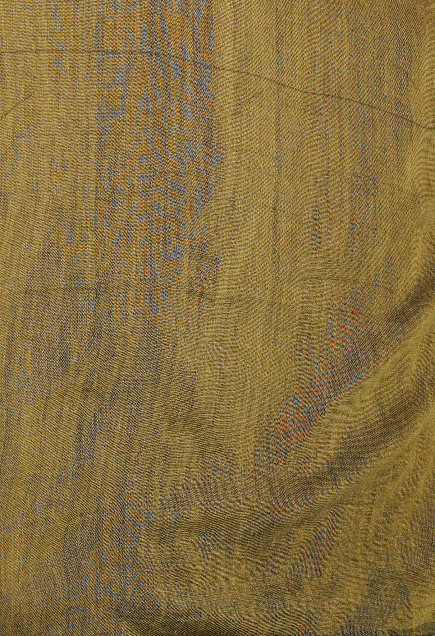 Yellow-Black Pure Plain Cotton Linen Saree With Tassels
