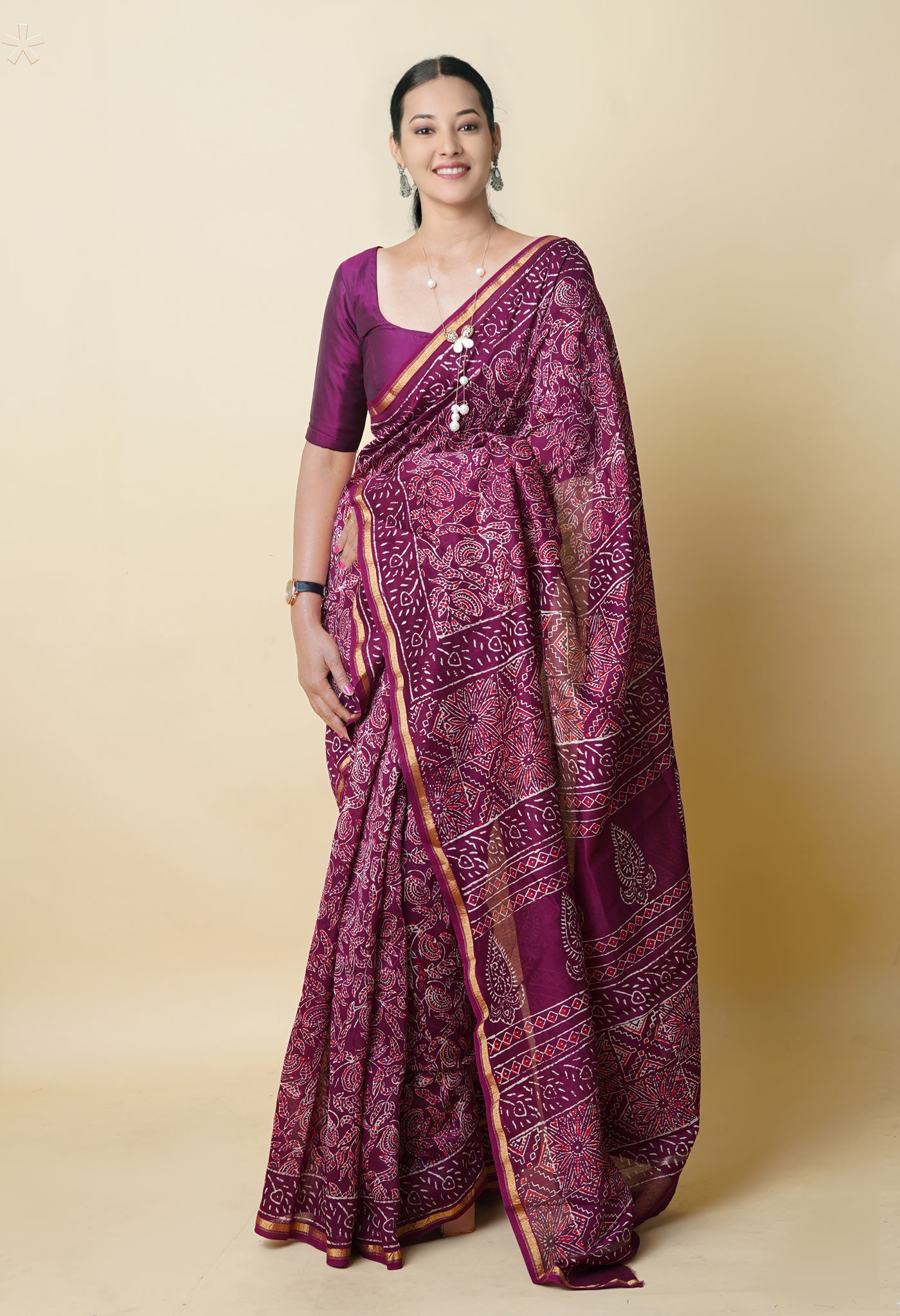 Burgundy Pure Napthol Hand Block Pinted Chanderi Cotton Saree