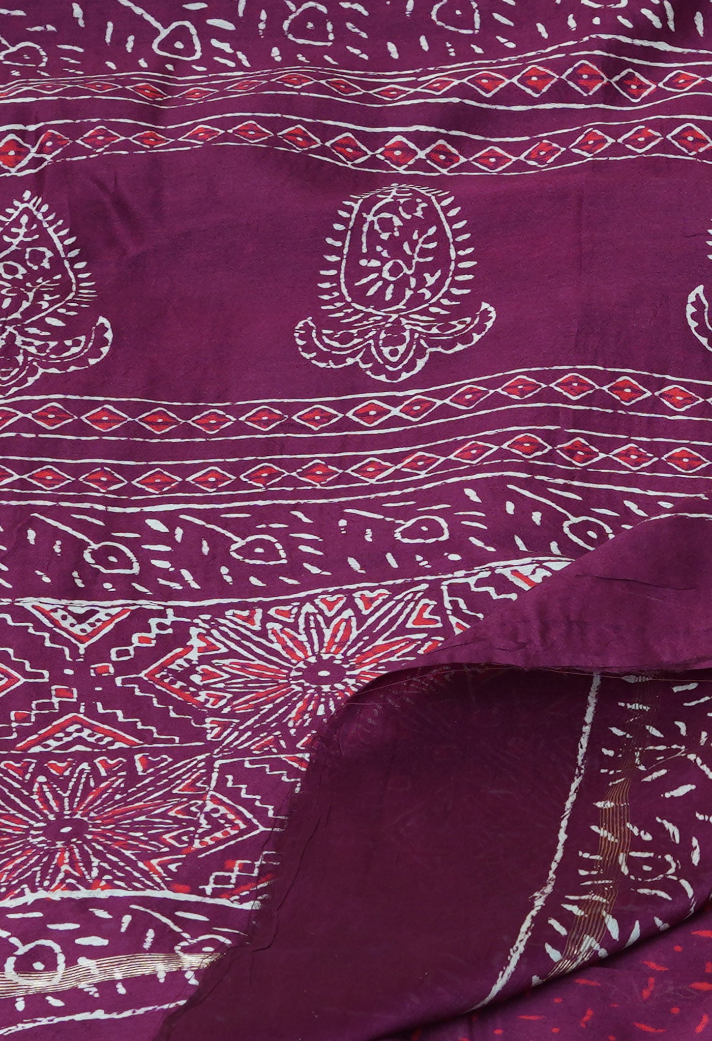 Burgundy Pure Napthol Hand Block Pinted Chanderi Cotton Saree