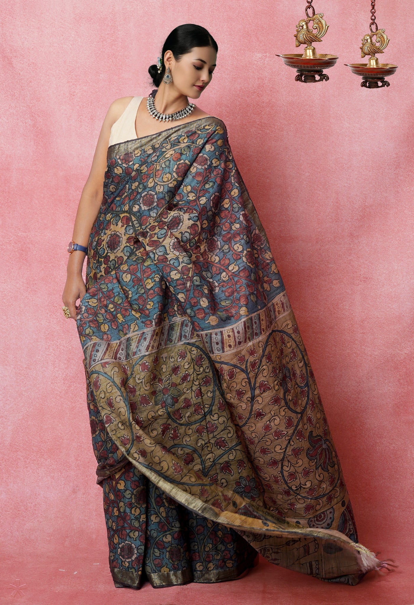 Multi Colored Kalamkari on Pure Handloom Tussar Silk Saree