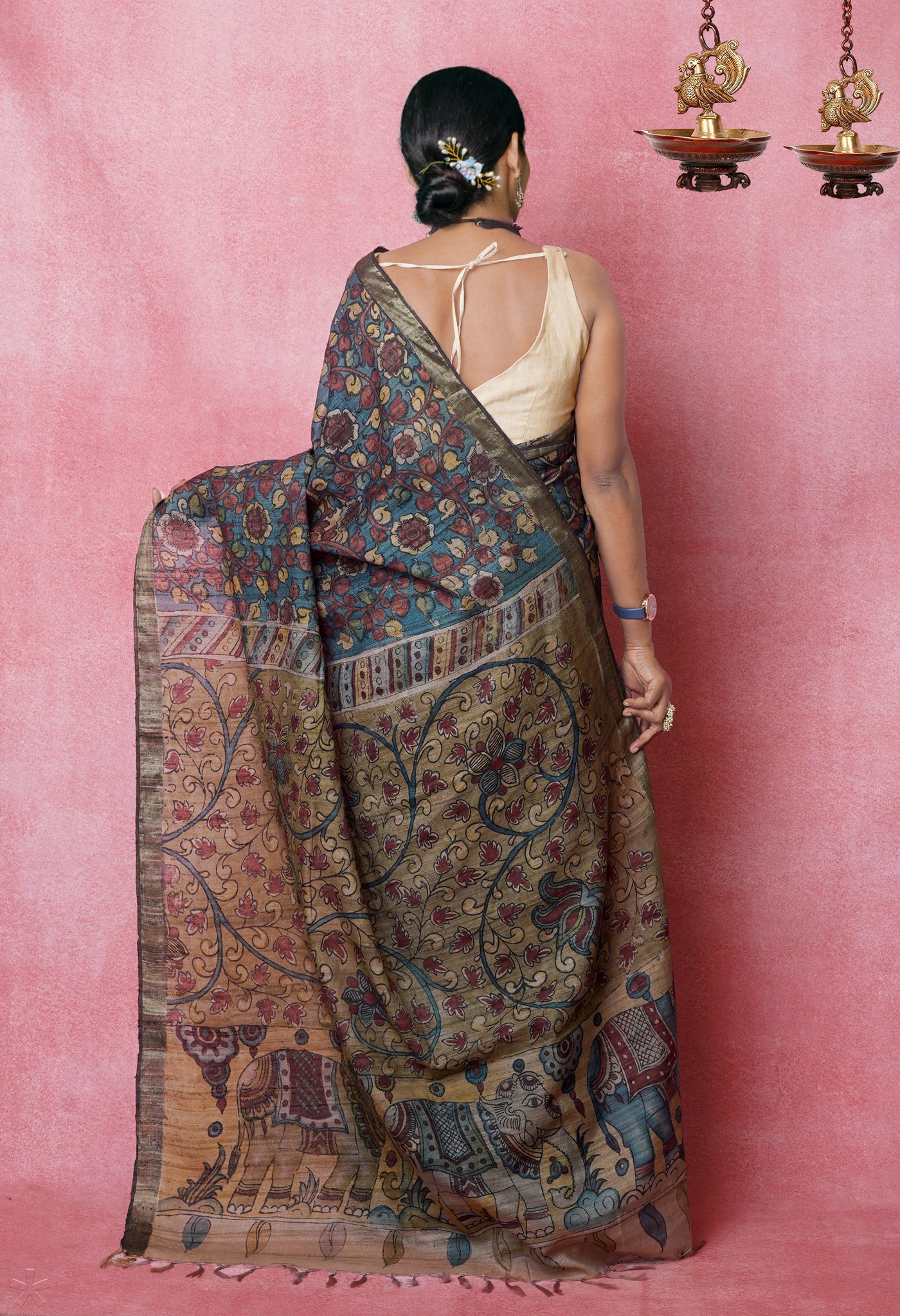 Multi Colored Kalamkari on Pure Handloom Tussar Silk Saree