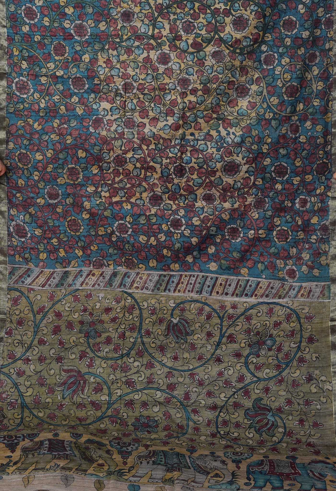 Multi Colored Kalamkari on Pure Handloom Tussar Silk Saree