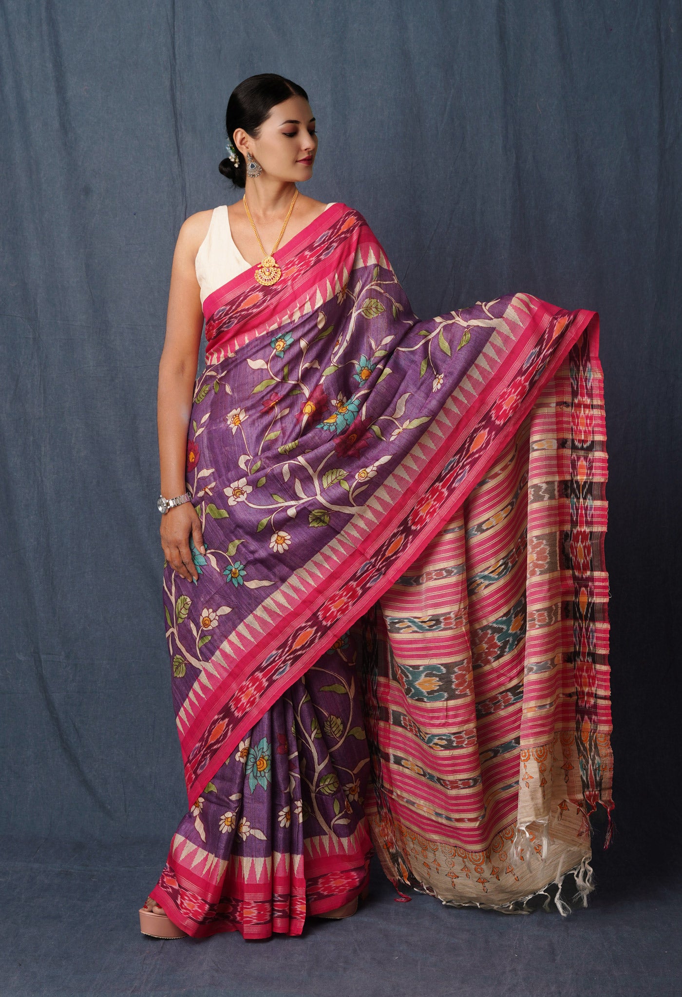 Purple Handpainted Kalamkari on Pure Handloom Tussar Silk Saree