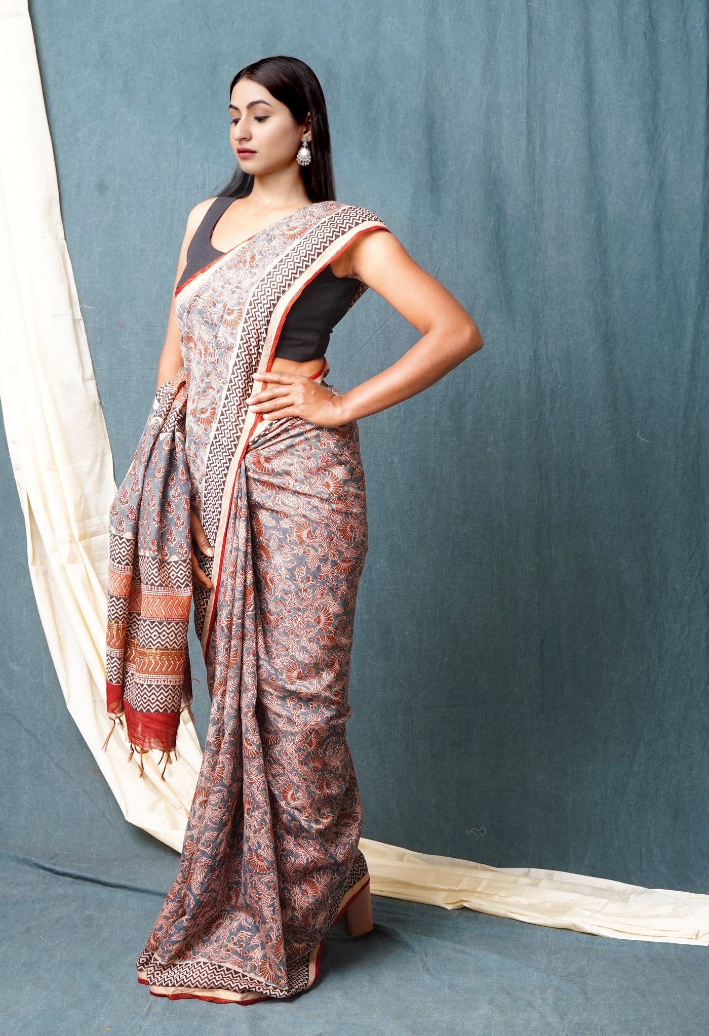 Blue Pure Bagru Printed Pashmina Chanderi Sico Saree