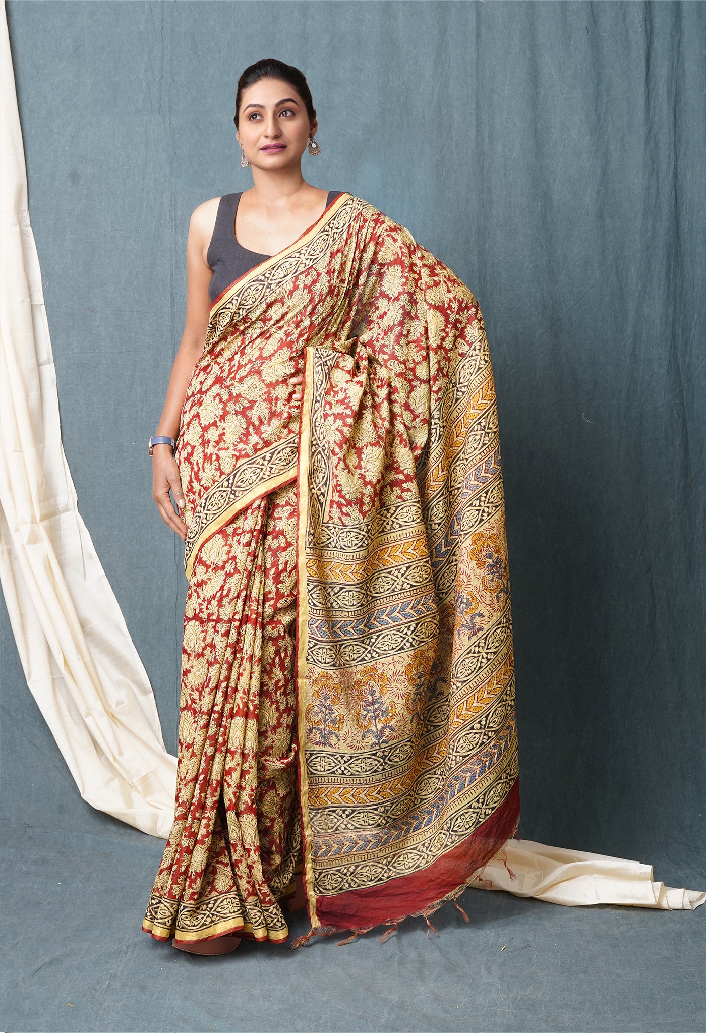 Red Pure Discharge Bagru Printed Pashmina Chanderi Sico Saree