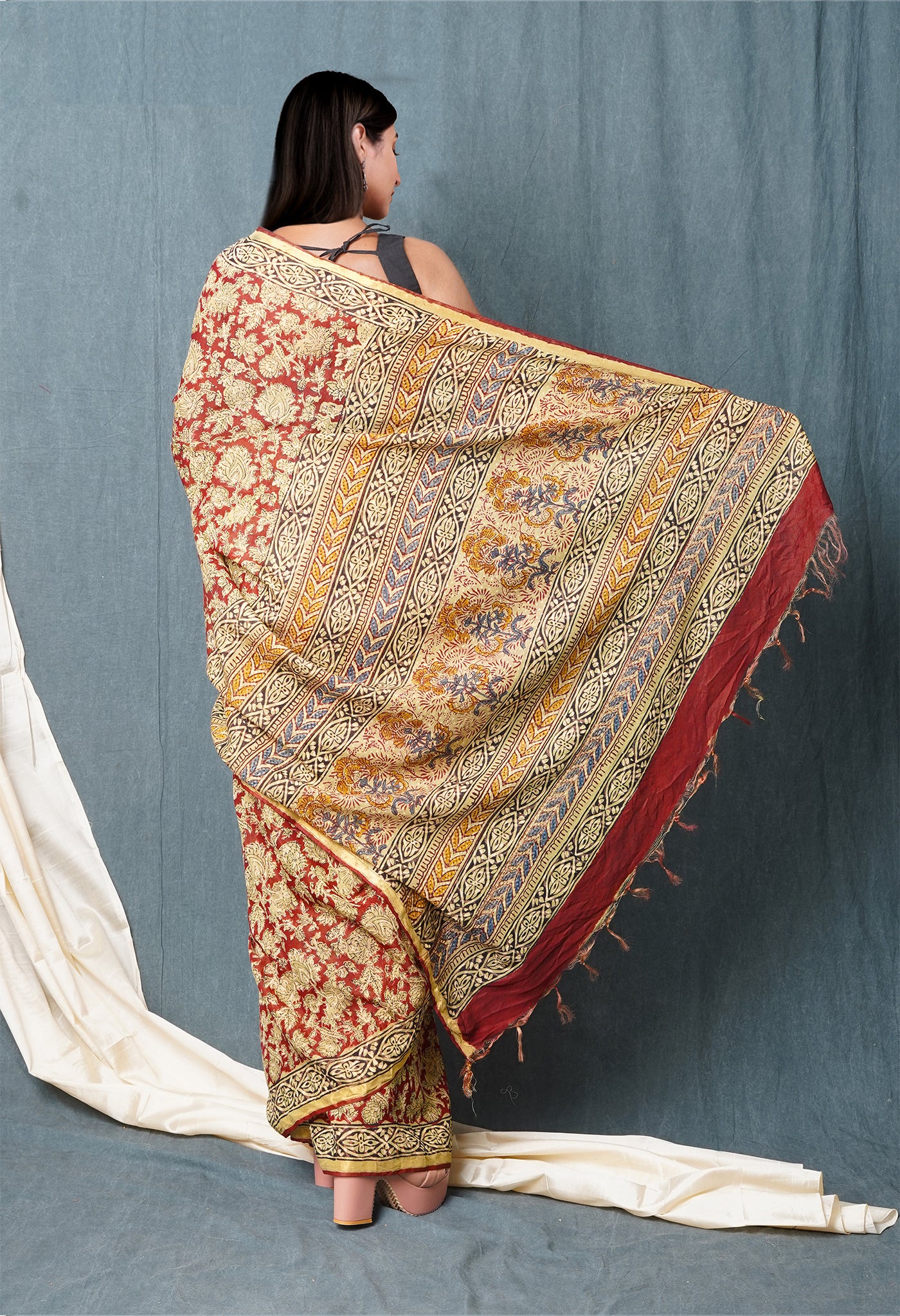 Red Pure Discharge Bagru Printed Pashmina Chanderi Sico Saree