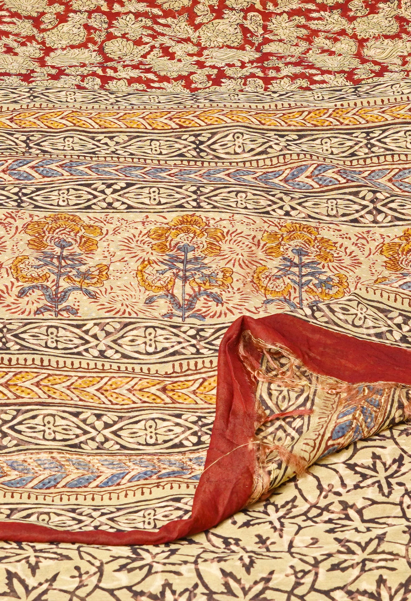 Red Pure Discharge Bagru Printed Pashmina Chanderi Sico Saree