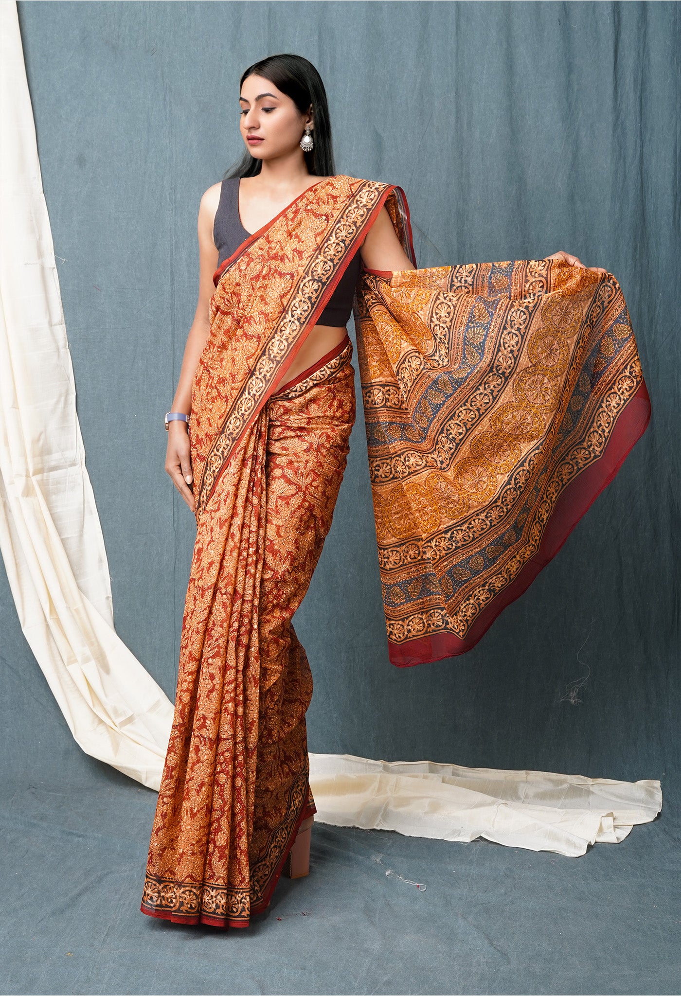 Multi Pure Discharge Bagru Printed Kota Saree