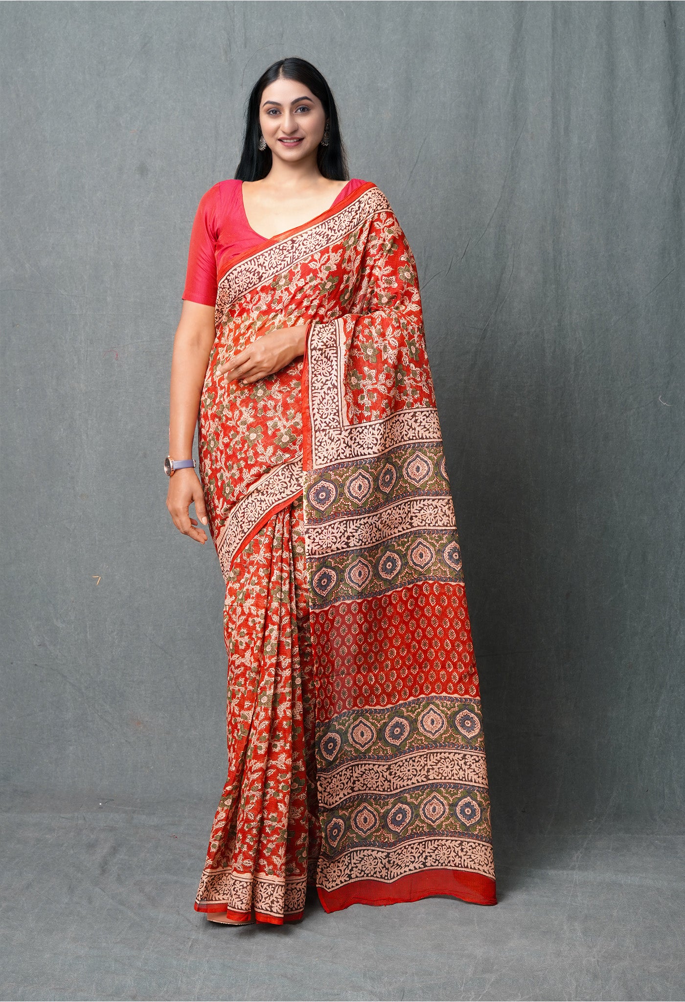Red Pure Bagru Printed Kota Saree