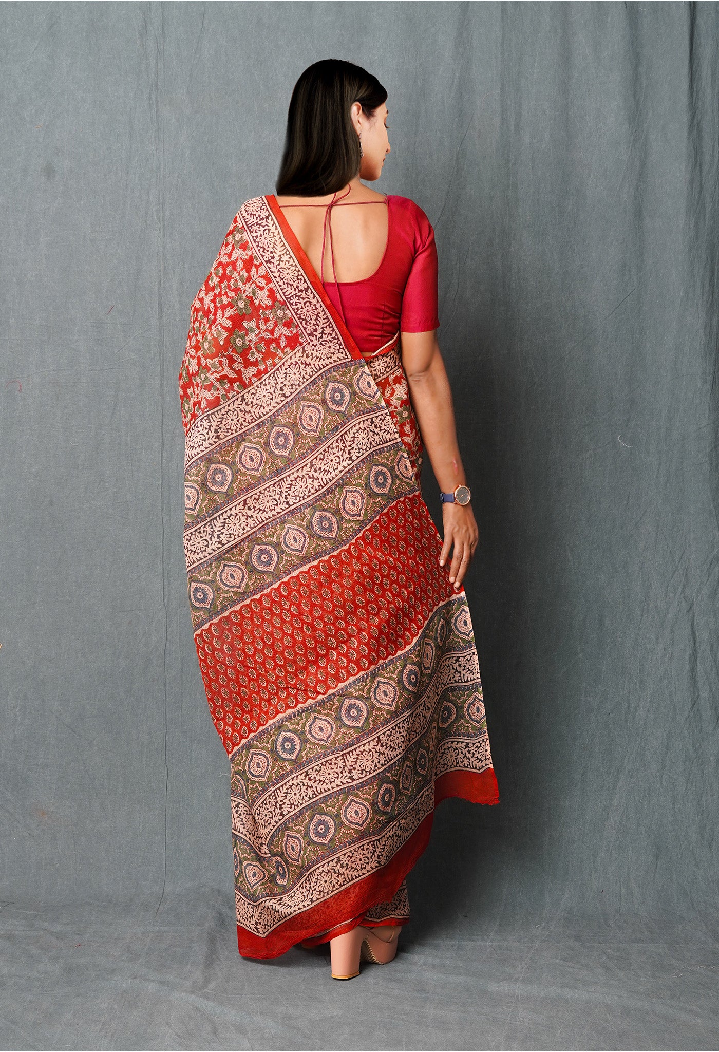 Red Pure Bagru Printed Kota Saree