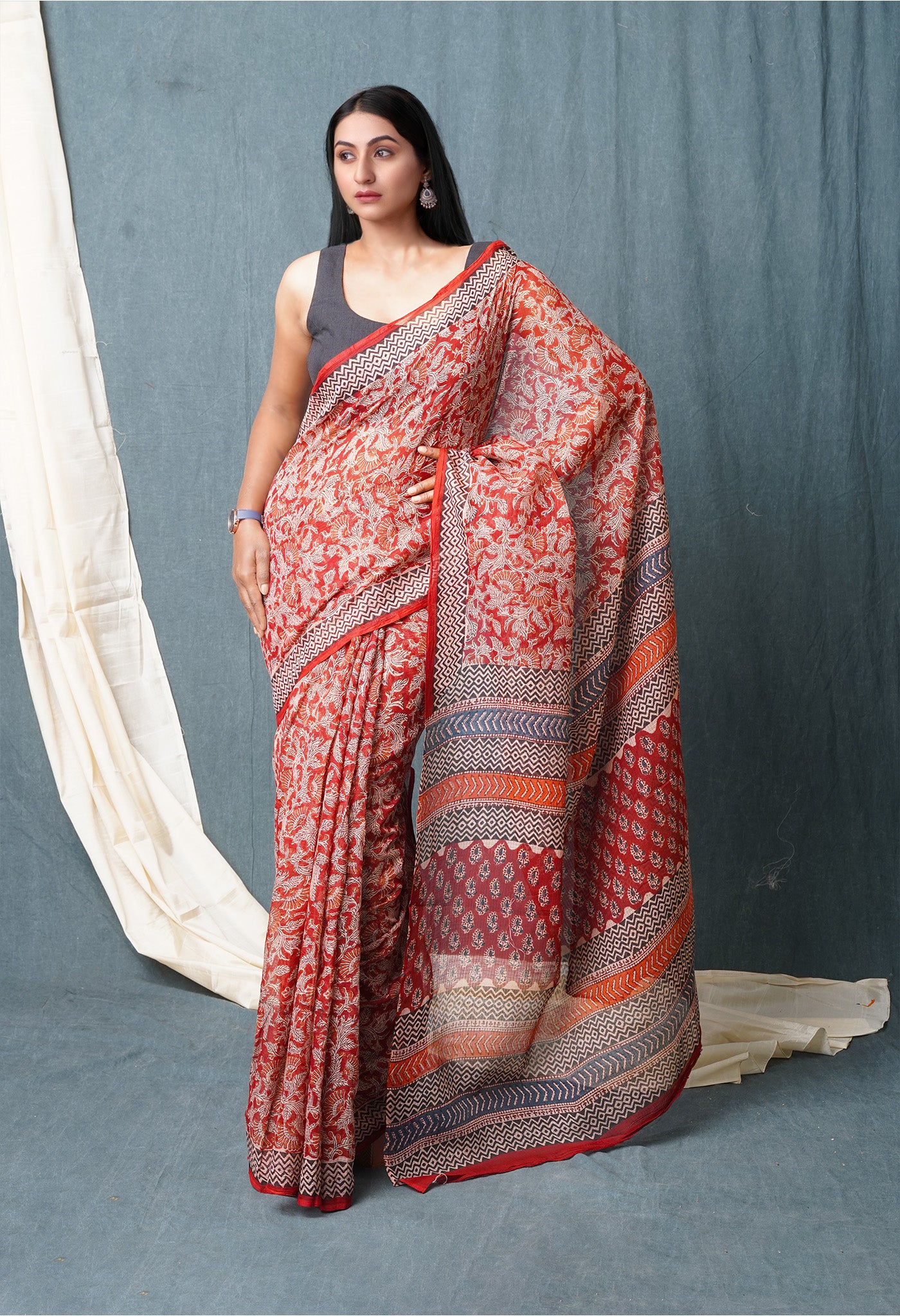Red Pure Bagru Printed Kota Saree