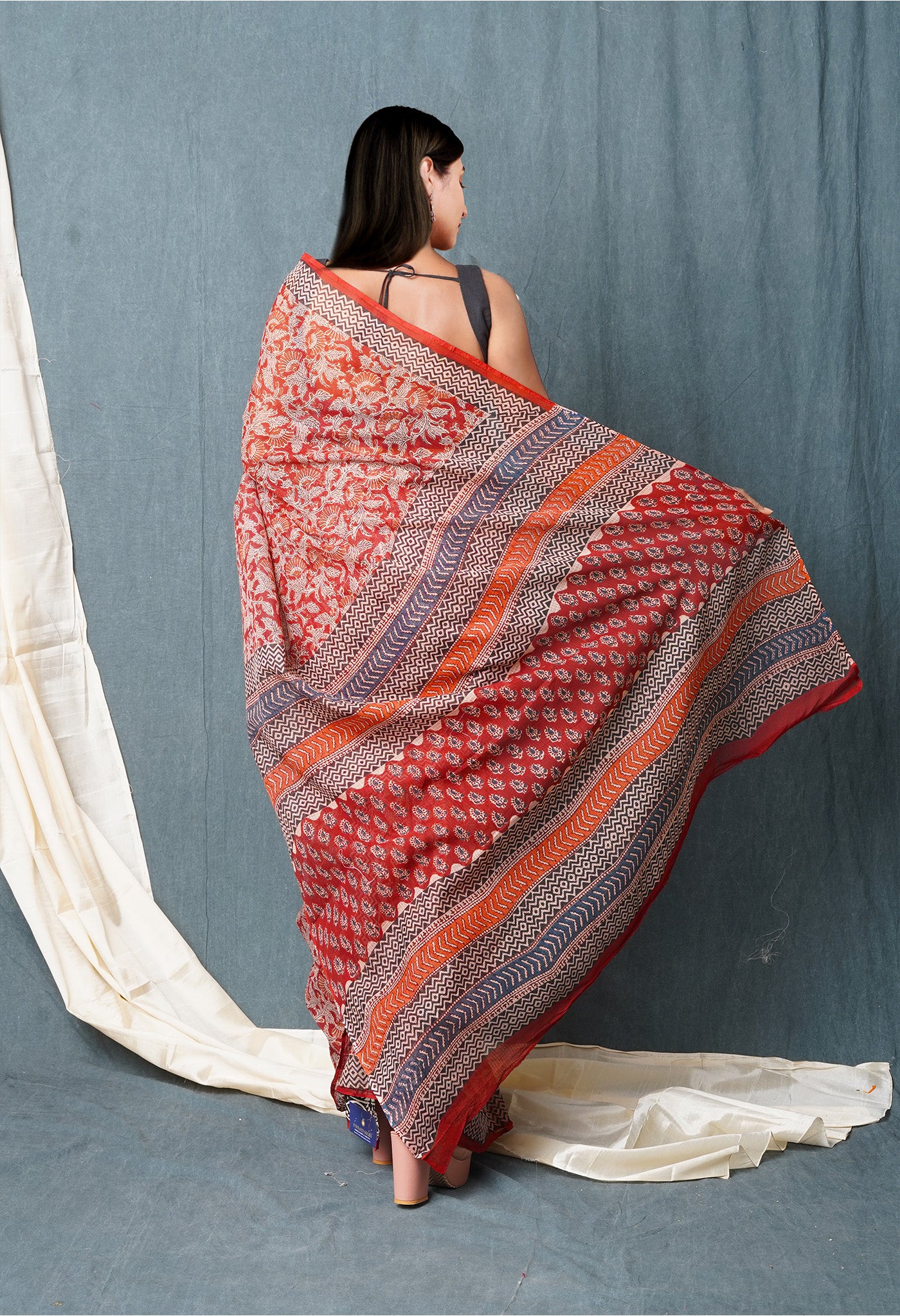 Red Pure Bagru Printed Kota Saree