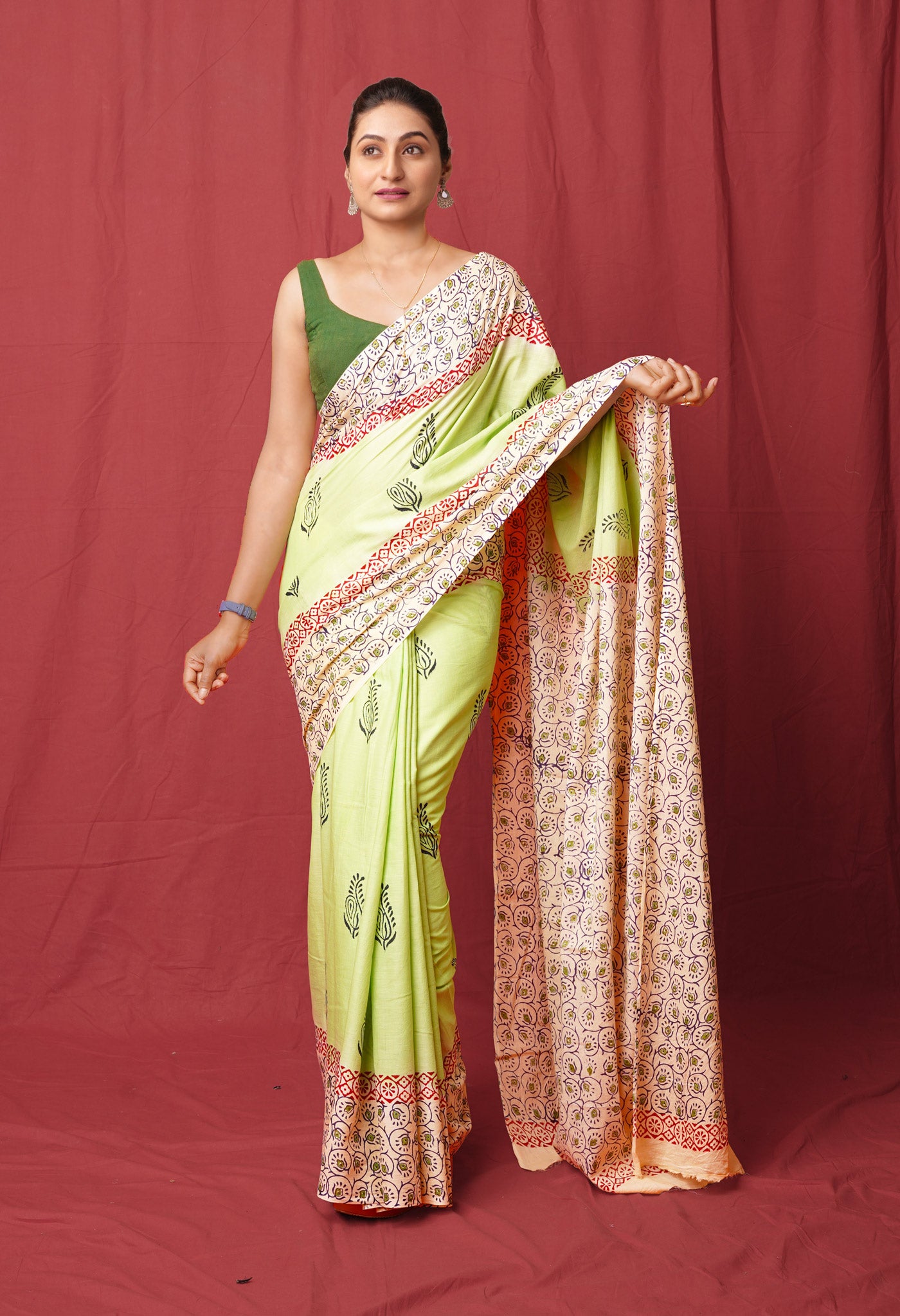 Green Pure Hand Block Printed Soft Cotton Saree