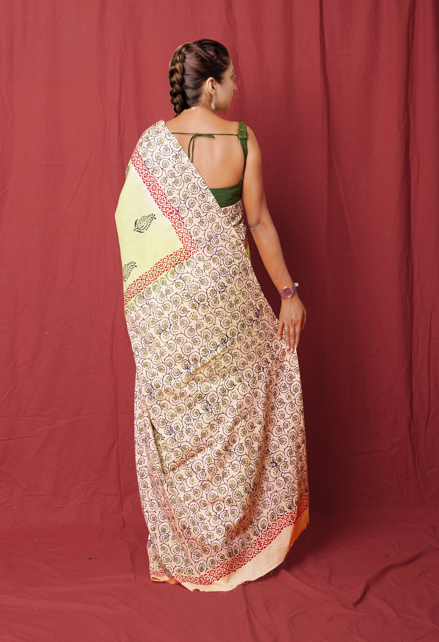 Green Pure Hand Block Printed Soft Cotton Saree