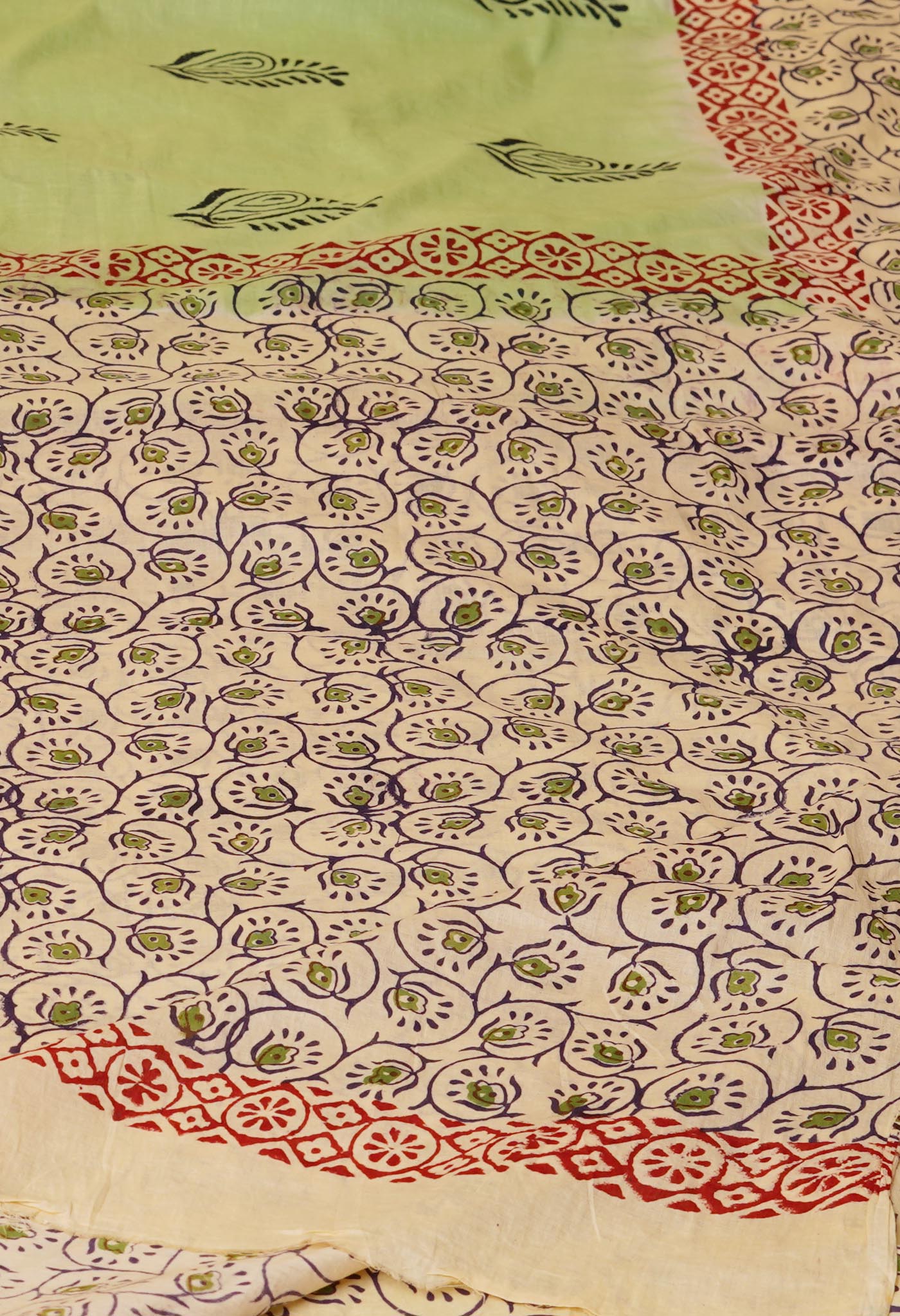 Green Pure Hand Block Printed Soft Cotton Saree