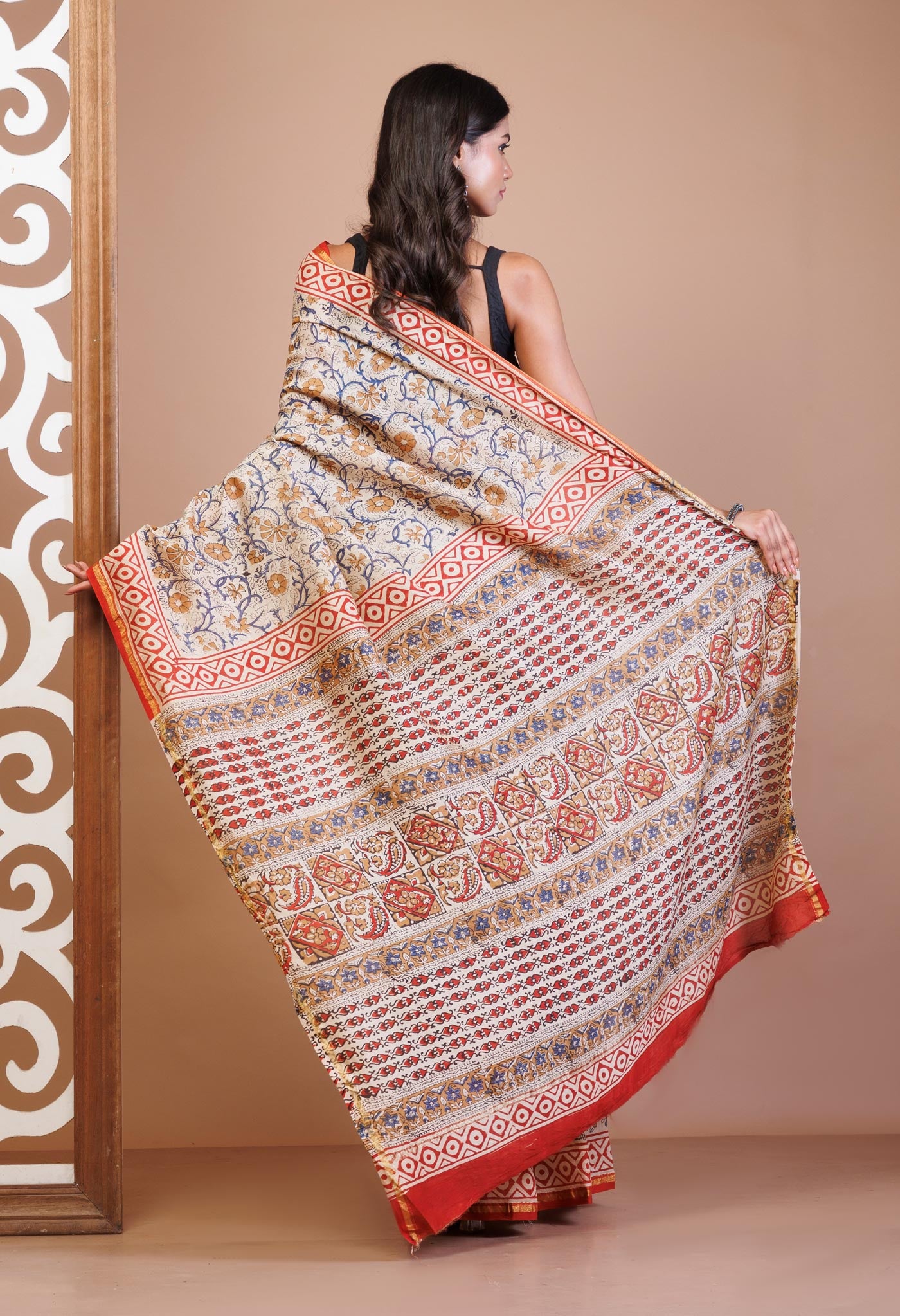 Cream Pure Bagru Printed Chanderi Sico Saree