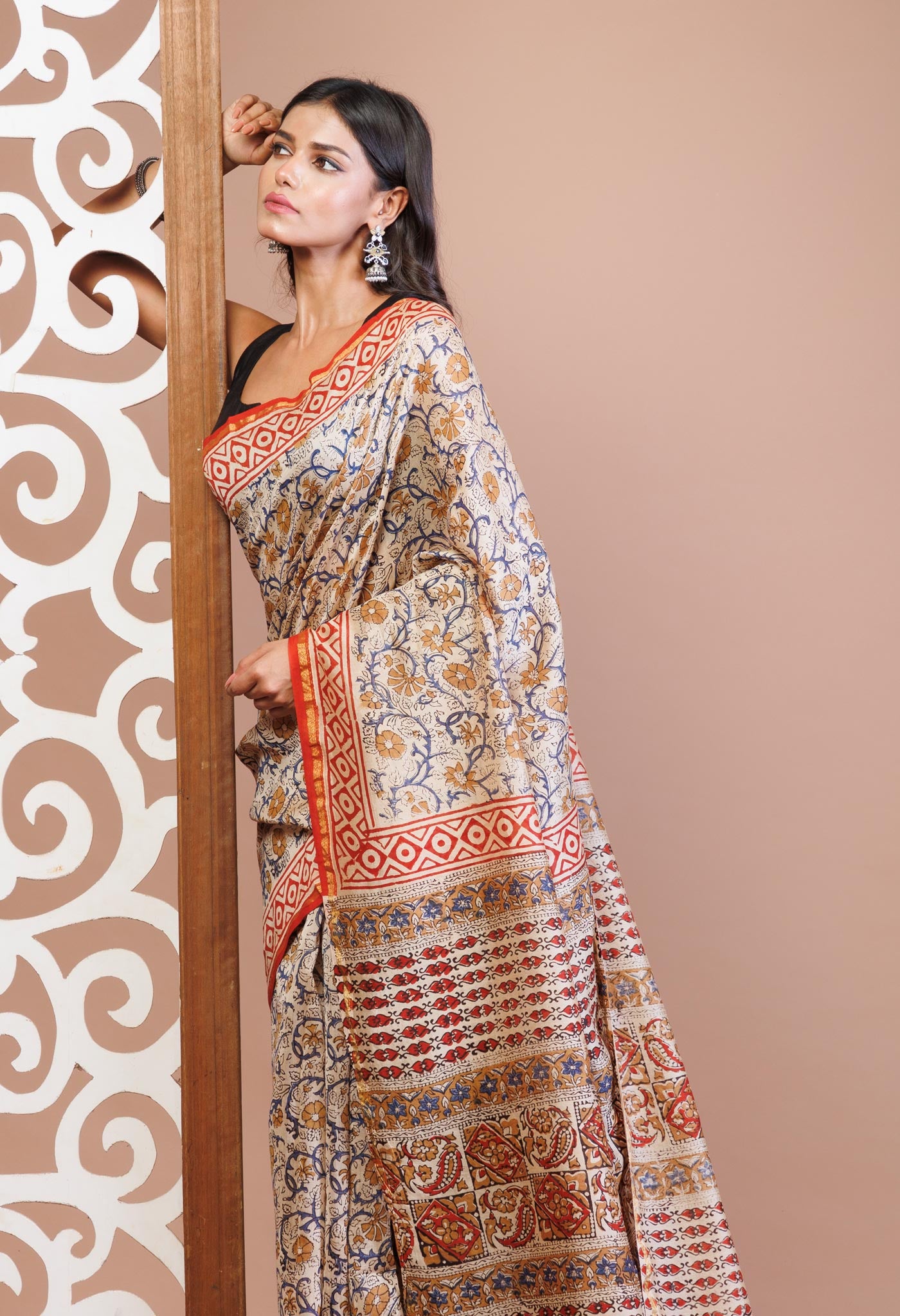 Cream Pure Bagru Printed Chanderi Sico Saree