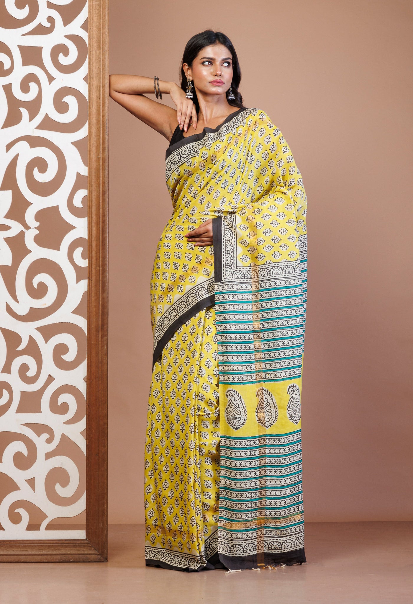 Yellow Pure Bagru Printed Soft Silk Saree