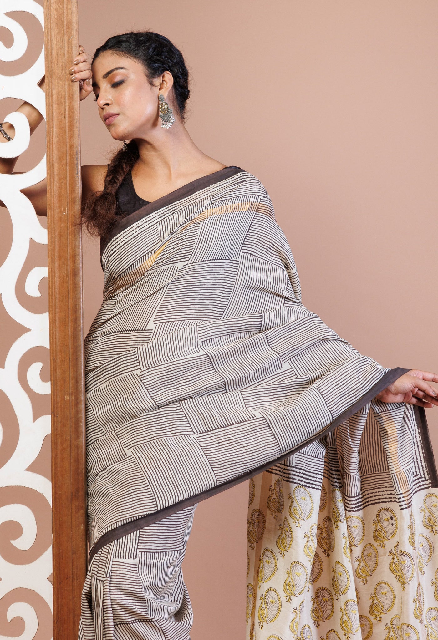 Ivory Pure Bagru Printed Soft Silk Saree