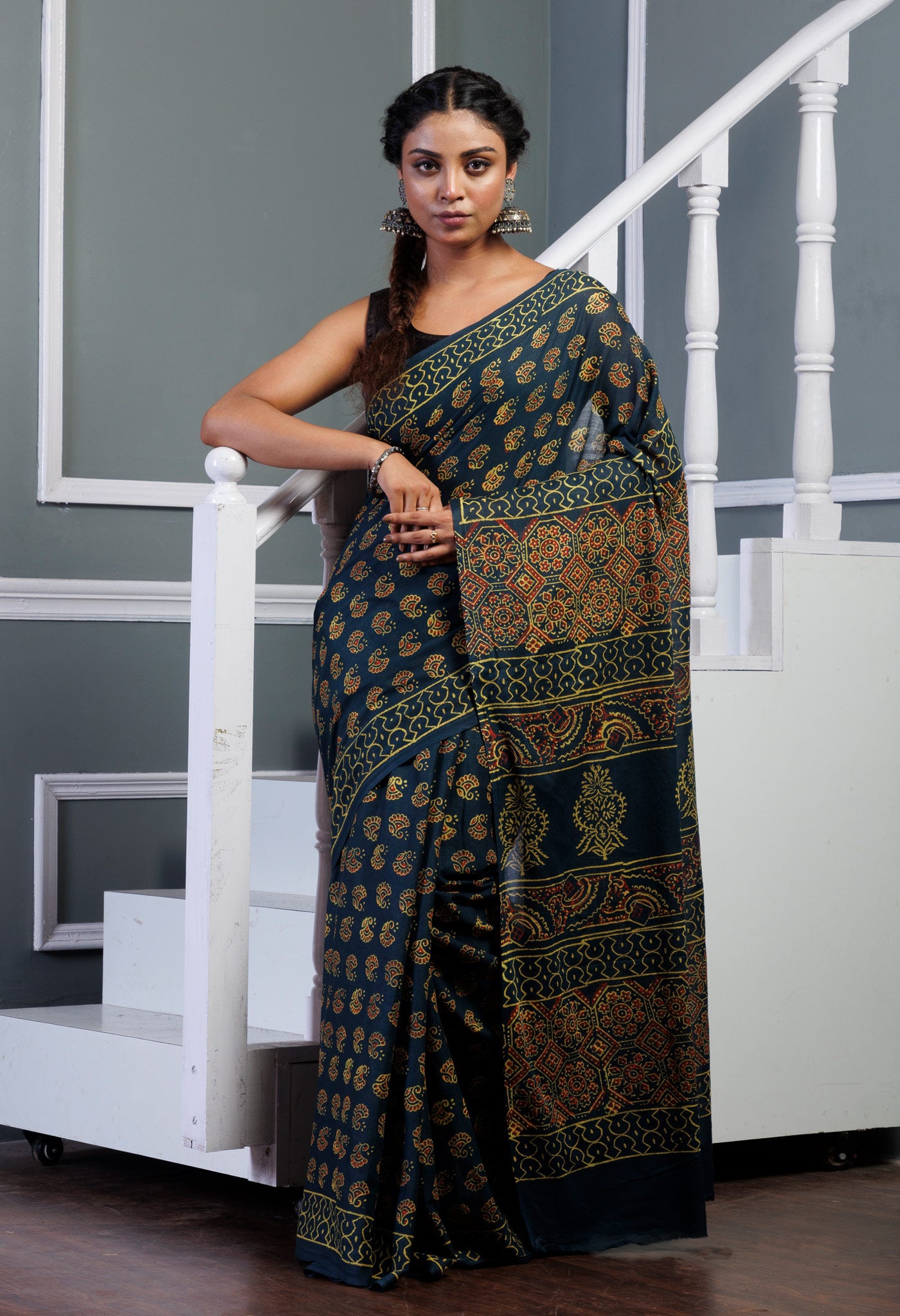 Green Pure  Ajrakh Pinted Superfine Mulmul Cotton Saree