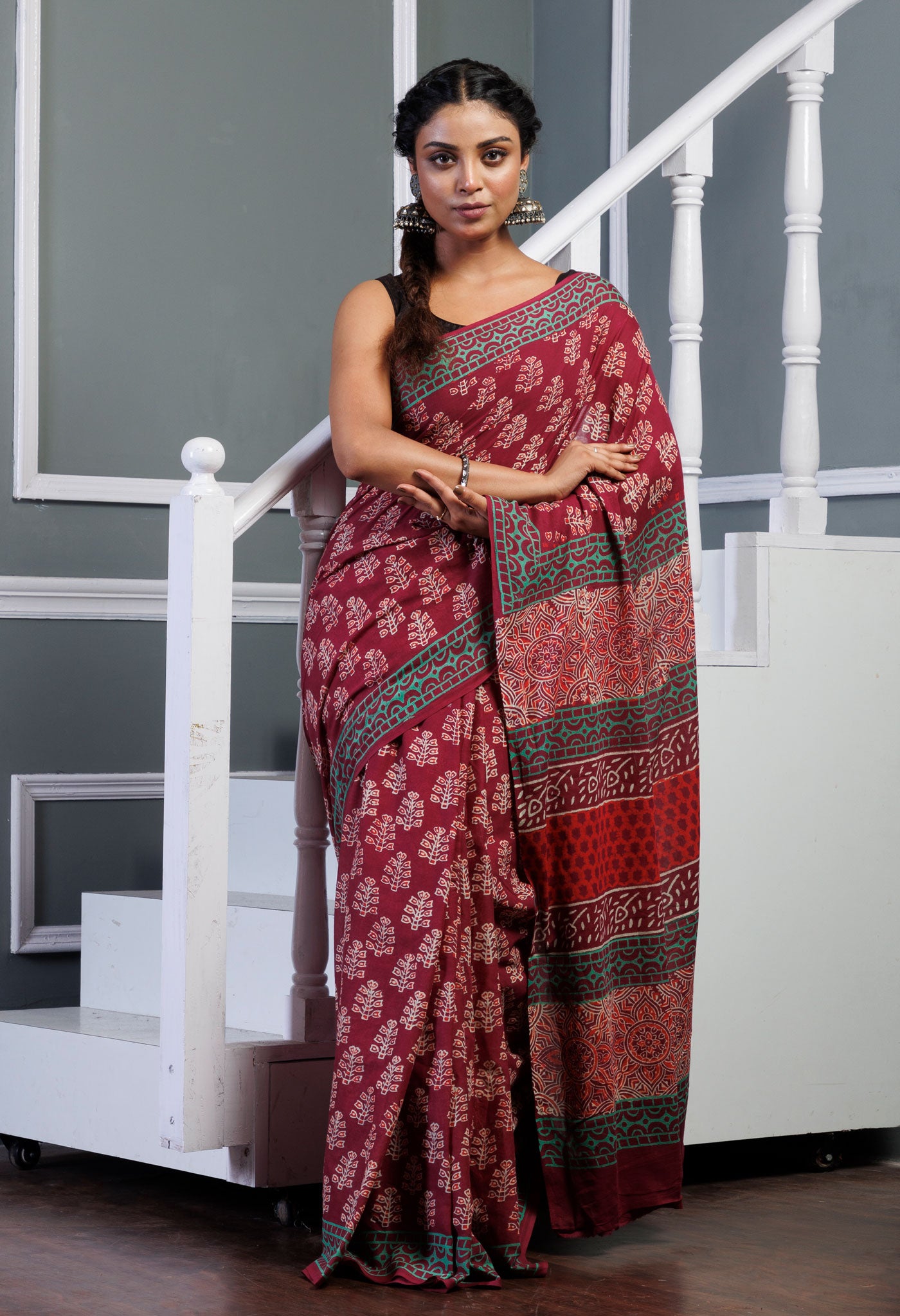 Maroon Pure  Ajrakh Pinted Superfine Mulmul Cotton Saree