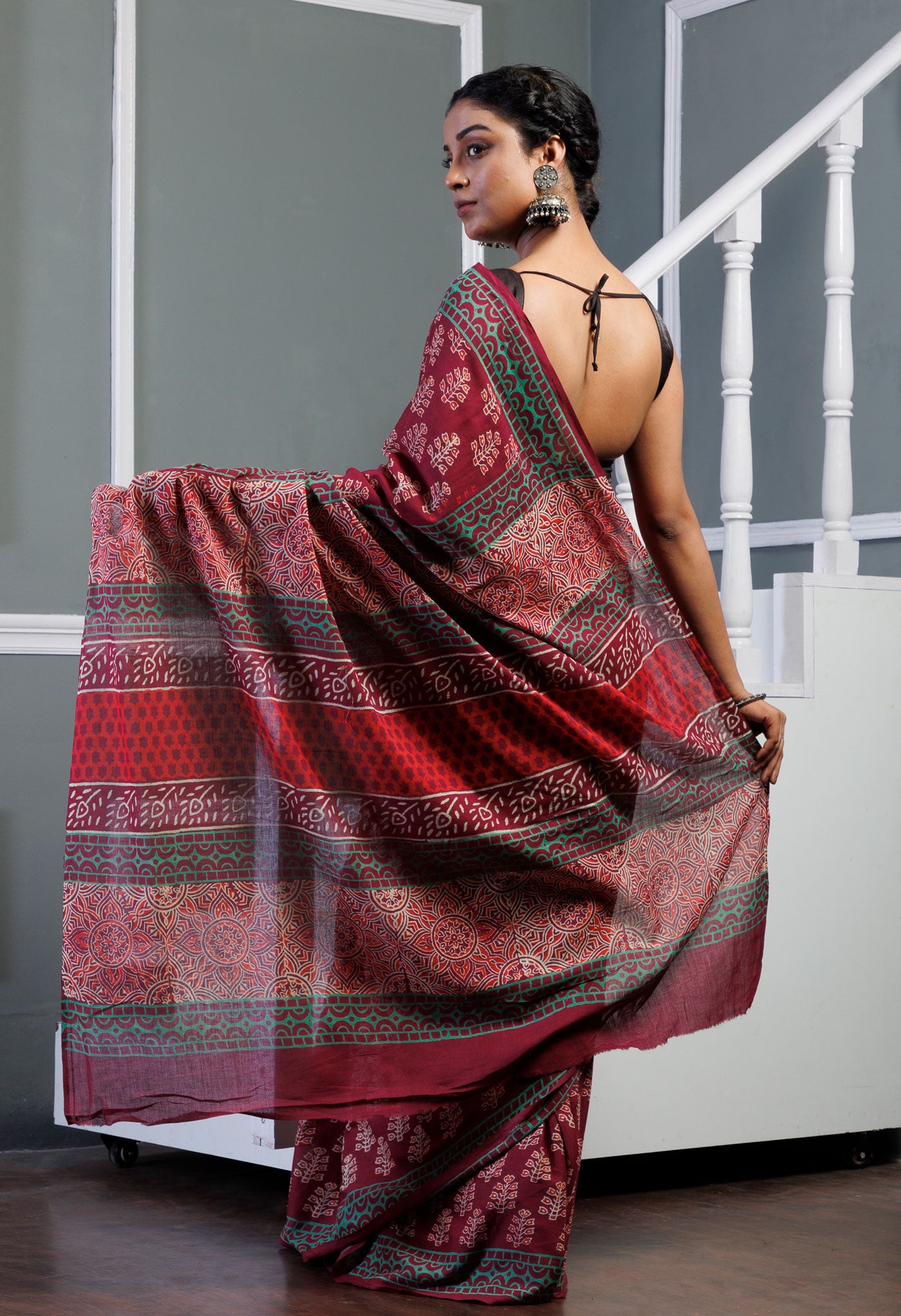 Maroon Pure  Ajrakh Pinted Superfine Mulmul Cotton Saree