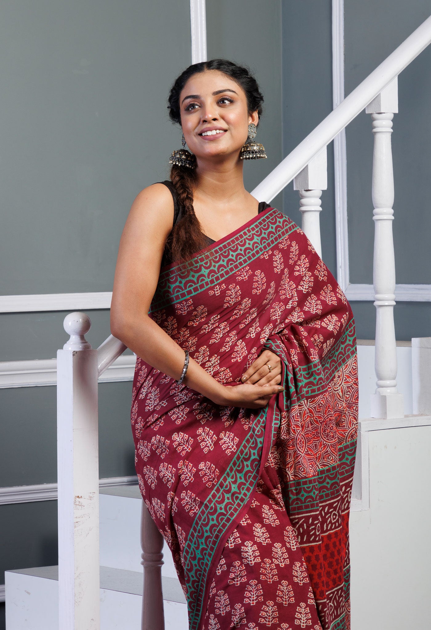 Maroon Pure  Ajrakh Pinted Superfine Mulmul Cotton Saree