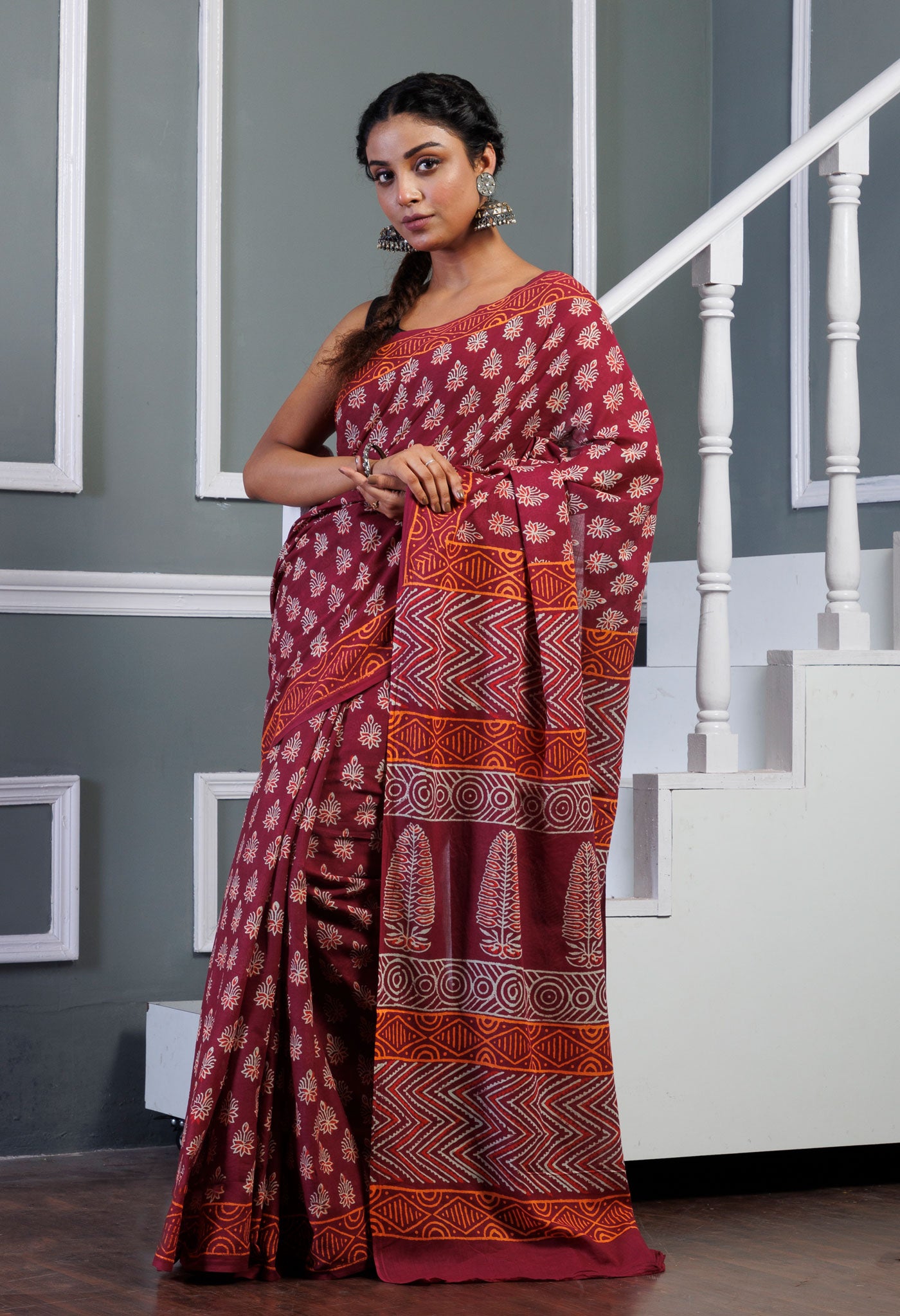 Maroon Pure Ajrakh Pinted Superfine Mulmul Cotton Saree