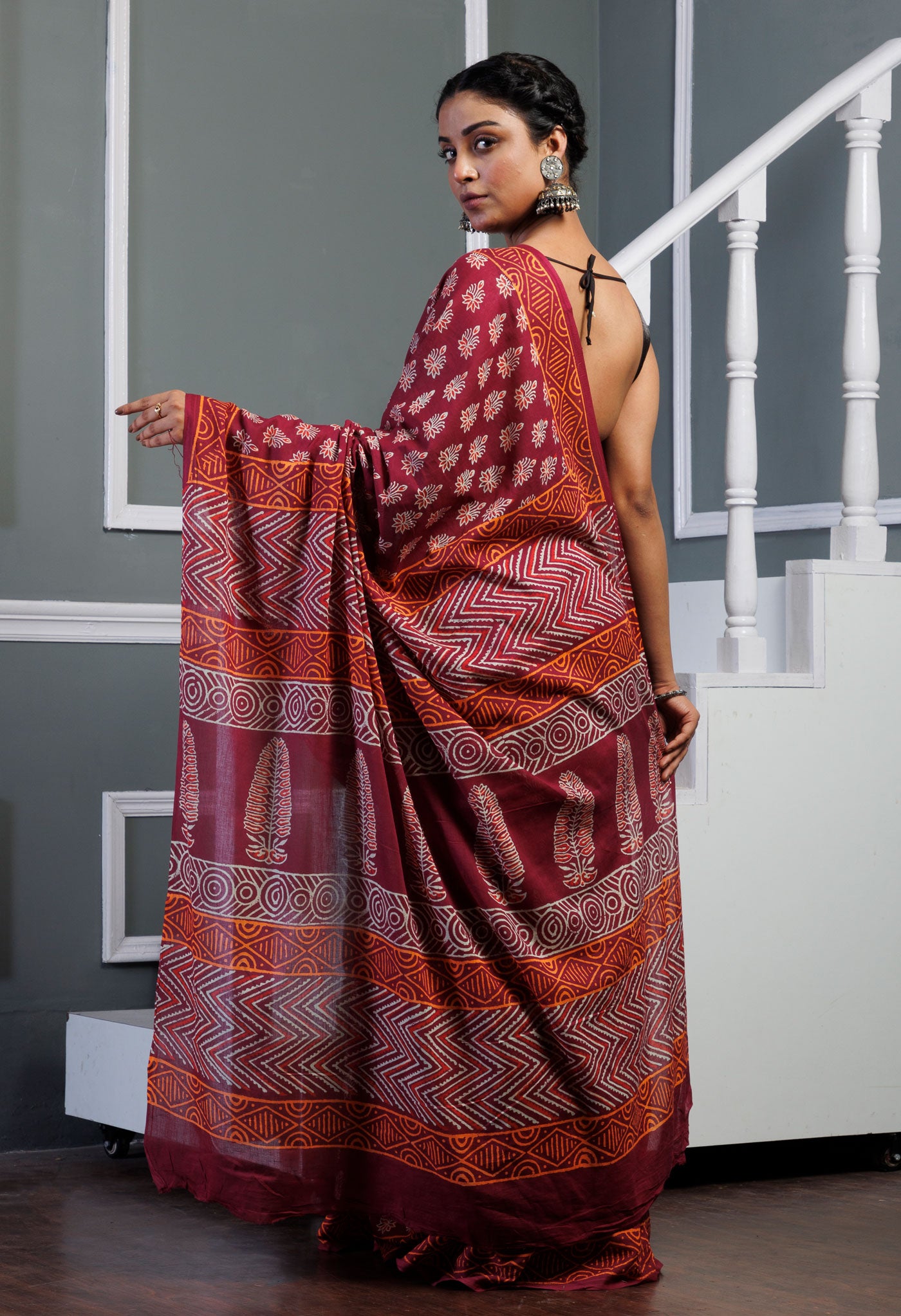 Maroon Pure Ajrakh Pinted Superfine Mulmul Cotton Saree